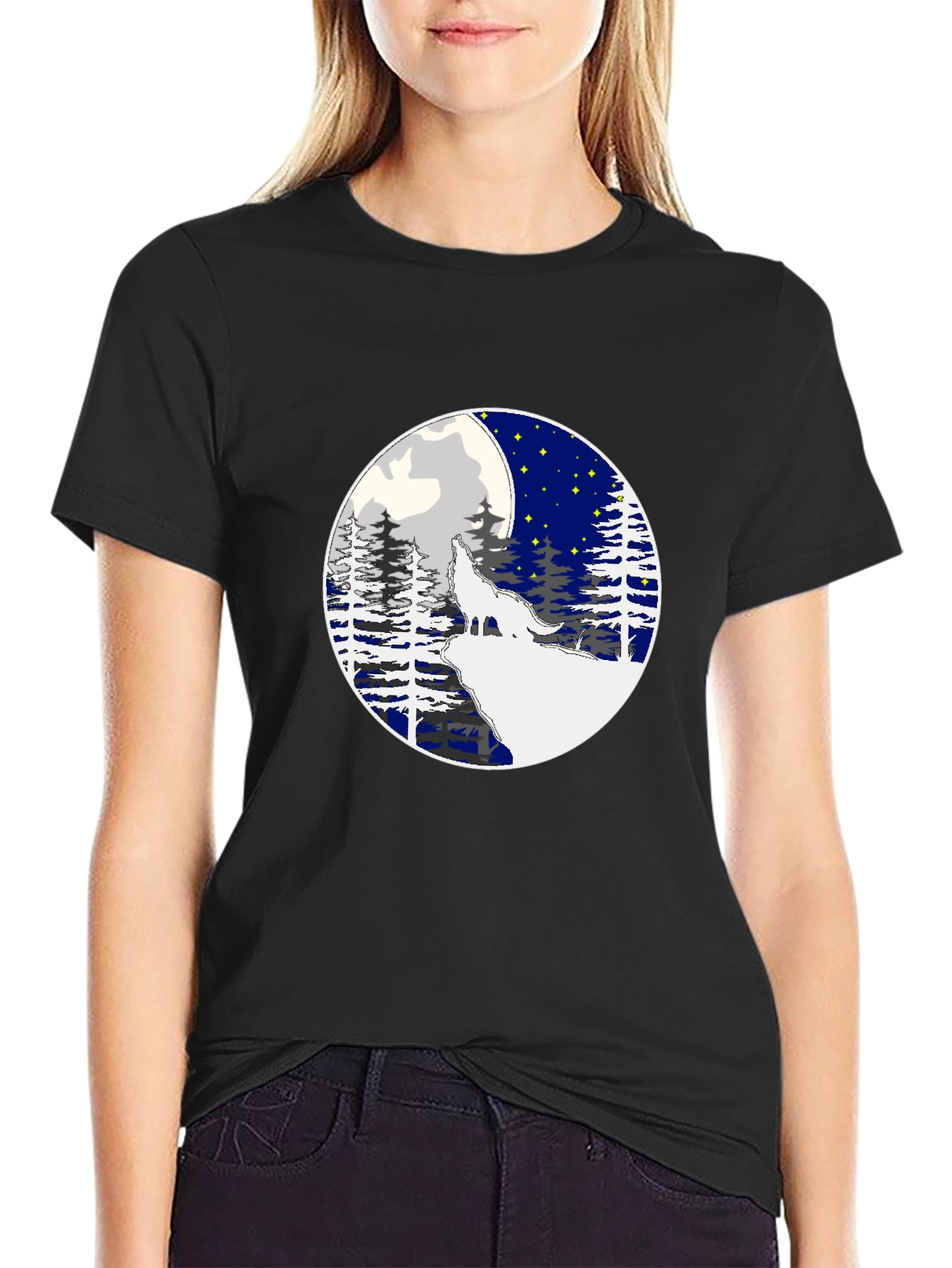 Black Wolf Howling Moon Graphic Tee - Stylish Black T-Shirt view 2