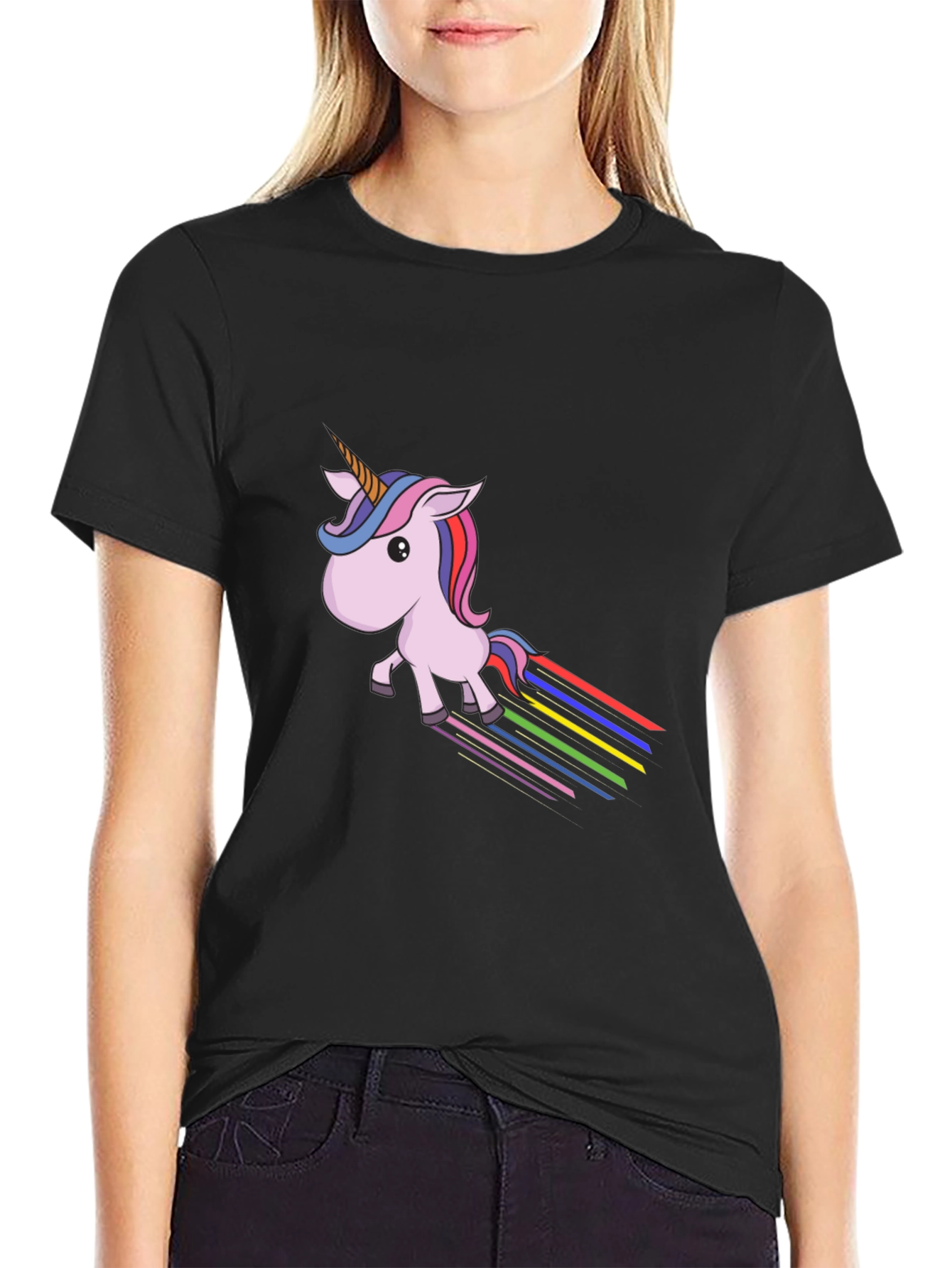 Black Rainbow Unicorn Graphic Tee - Black Cotton Blend view 2
