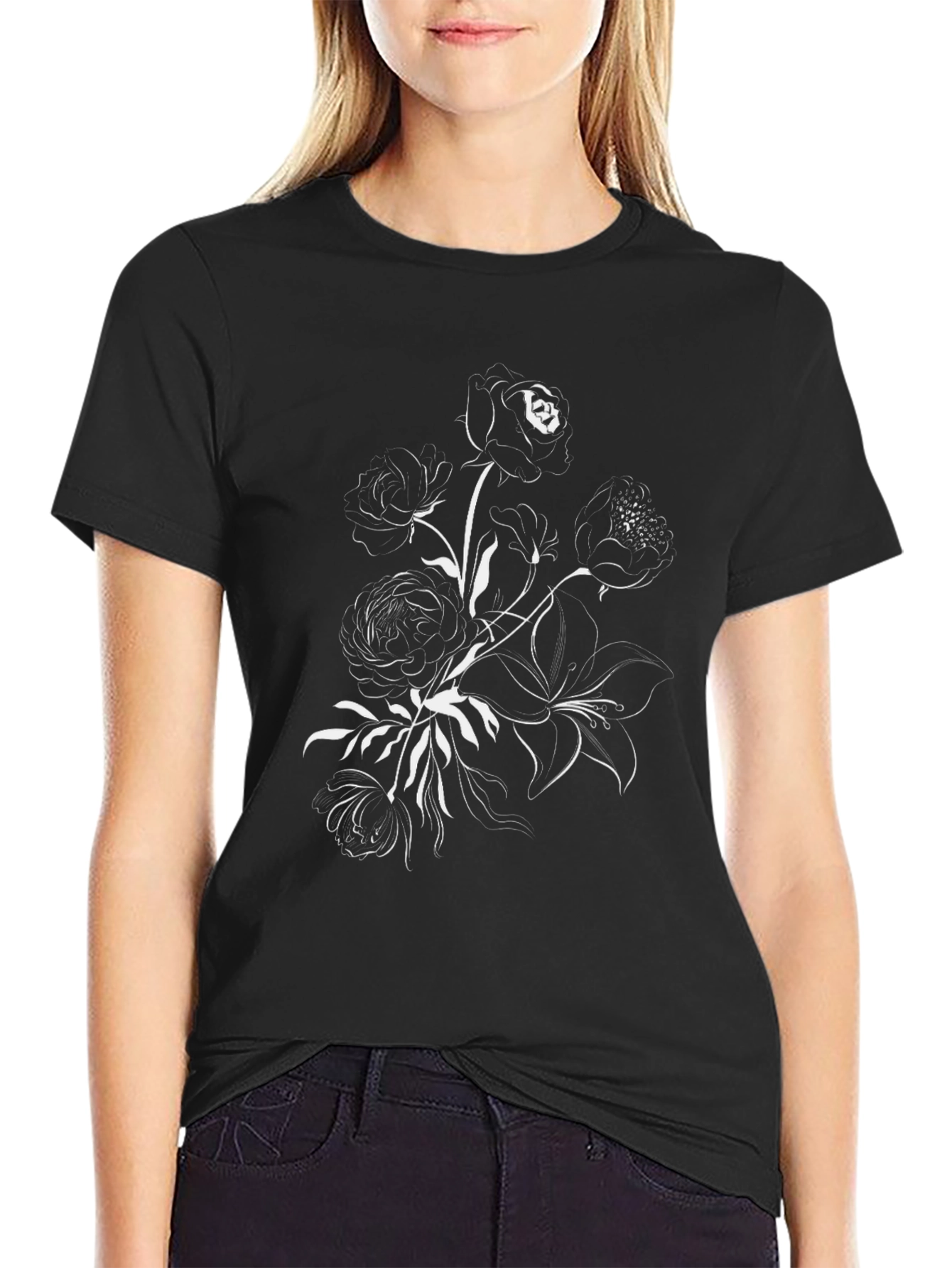 Black Floral Design Black T-Shirt view 2