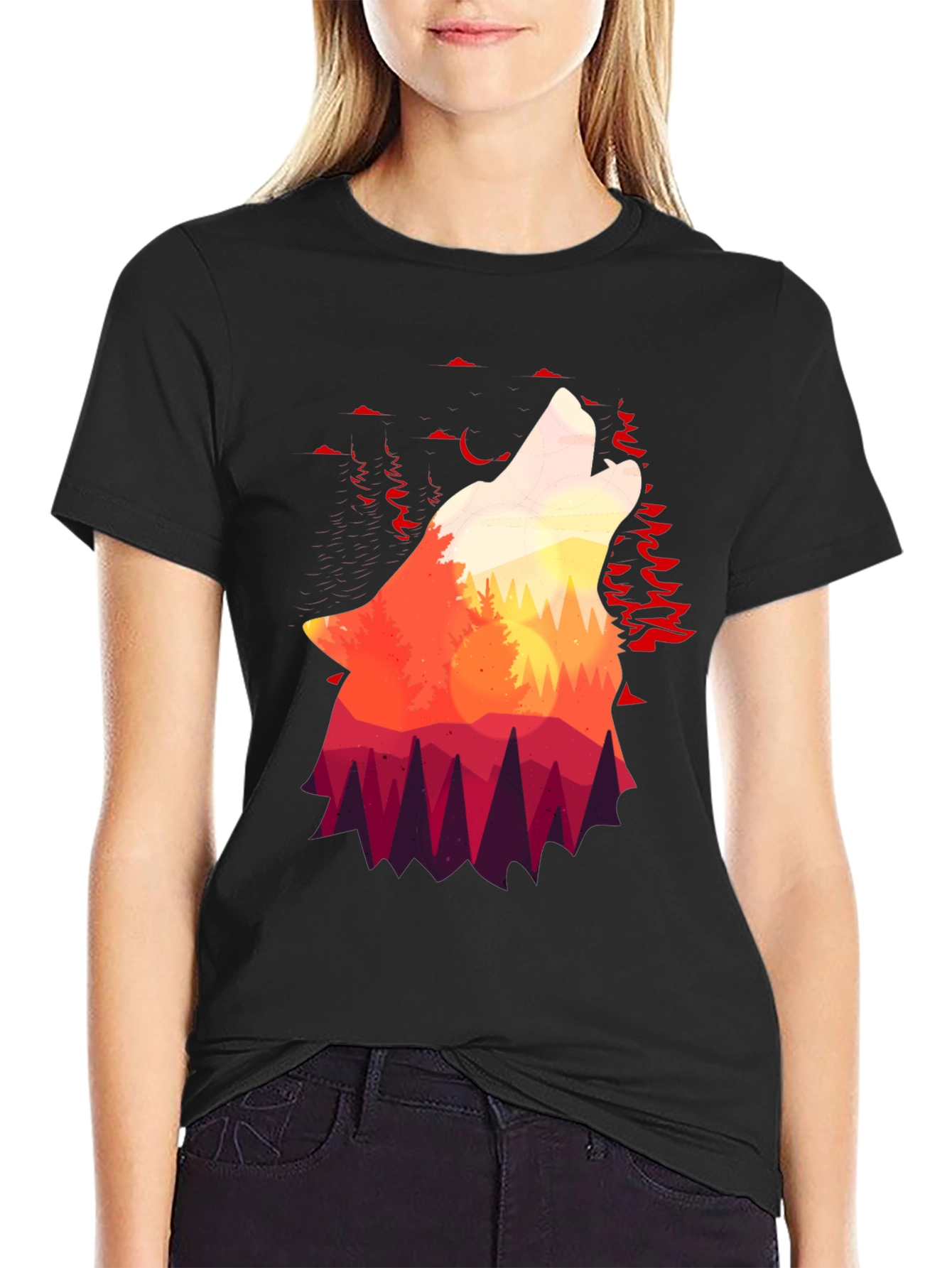 Black Wolf Howl Silhouette Graphic T-Shirt view 2