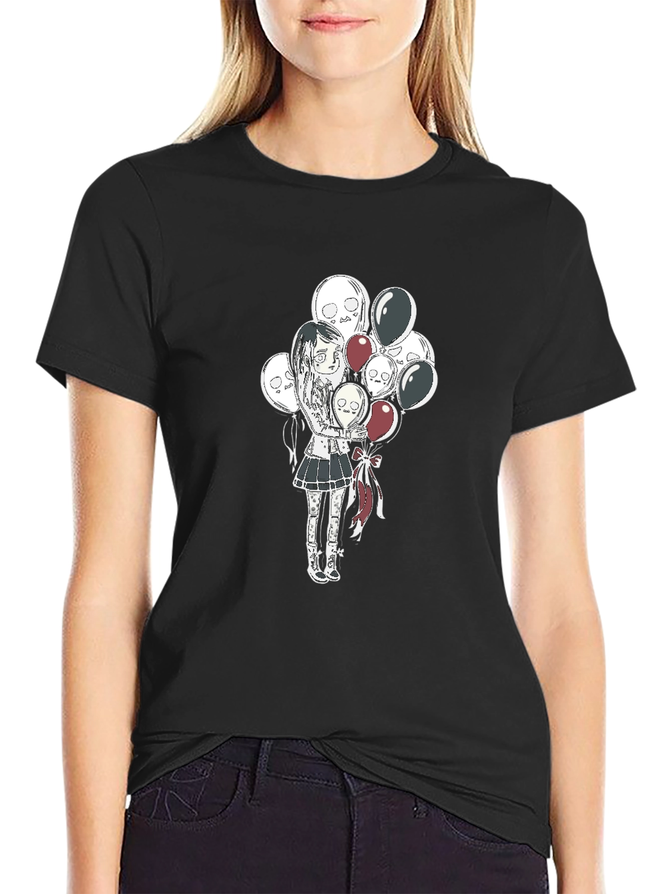 Black Gothic Girl with Skull Balloons Black T-Shirt view 2