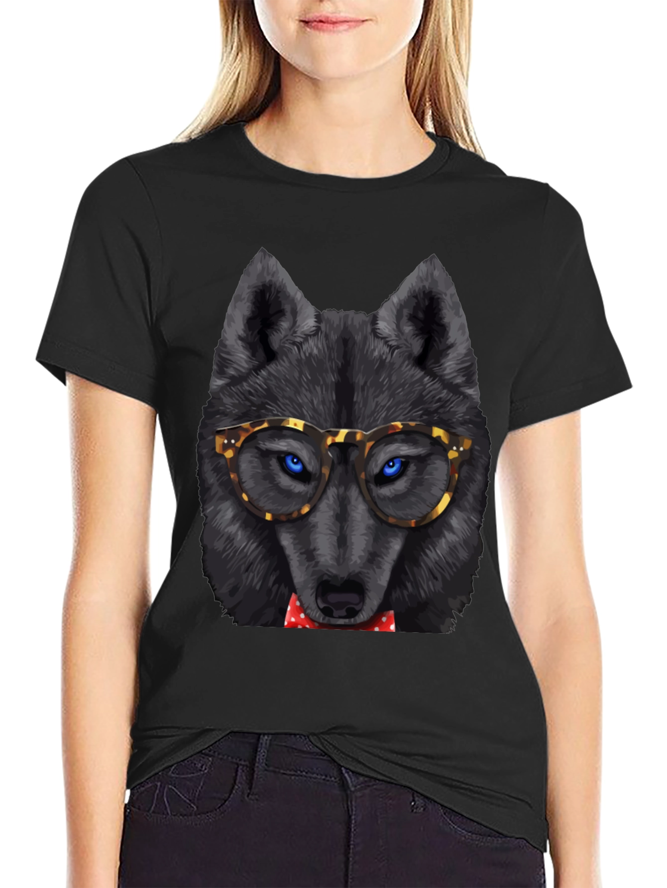 Black Wolf in Glasses Graphic Tee - Cool Animal Print Shirt view 2