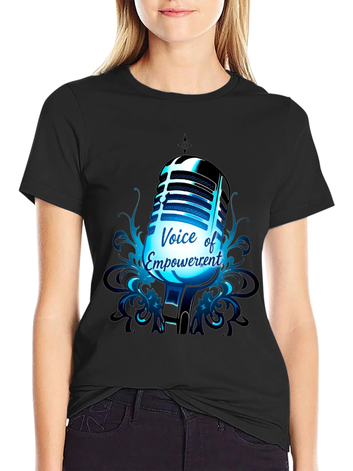 Black Voice of Empowerment T-Shirt: Retro Microphone Graphic Tee view 2