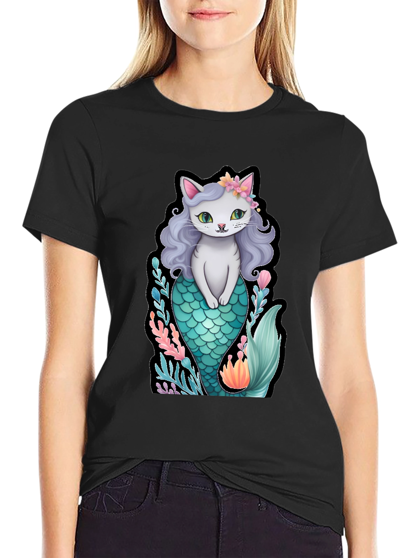 Black Cat Mermaid Graphic T-Shirt - Unique Novelty Tee view 2