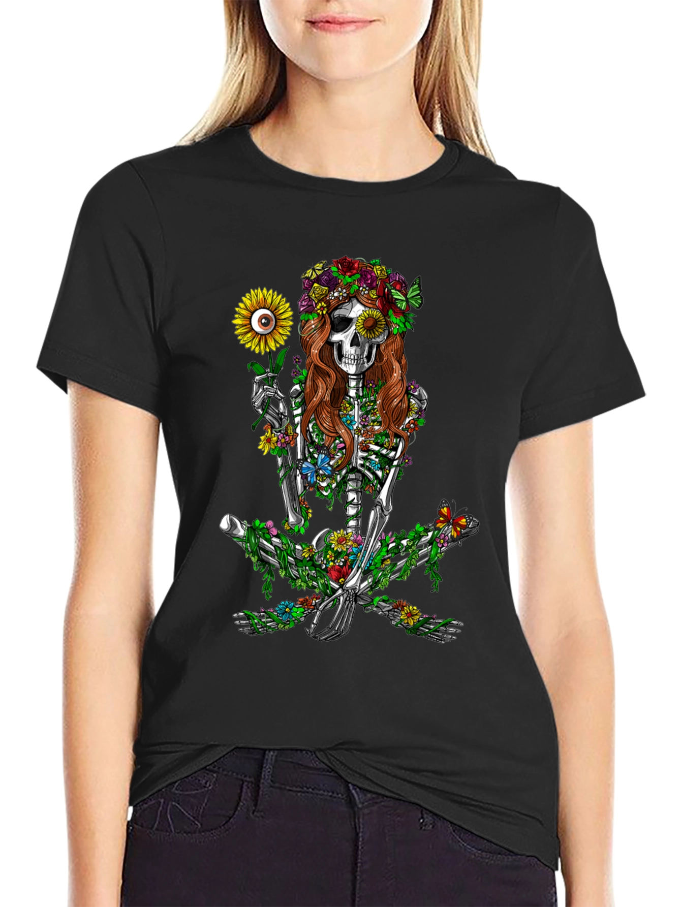 Black Floral Skeleton Graphic T-Shirt - Unisex Black Tee view 2