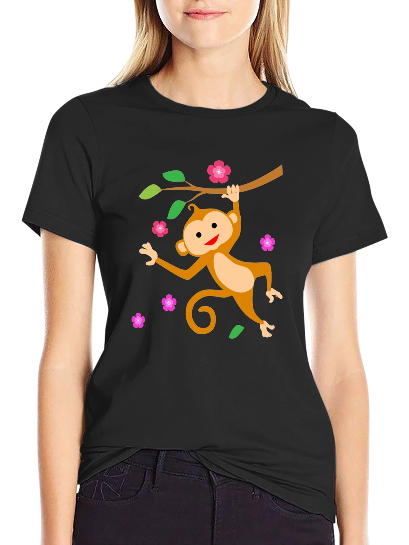 Black Cute Monkey Tree Branch Black T-Shirt view 2