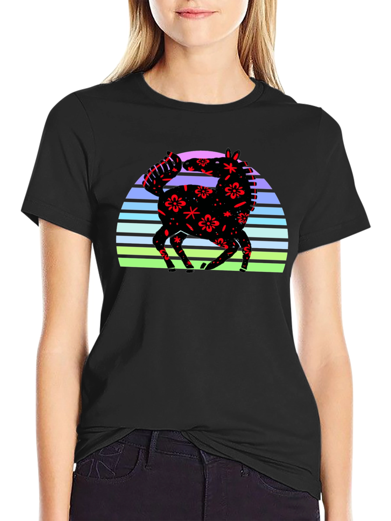 Black Floral Horse Sunset Graphic Tee - Black view 2