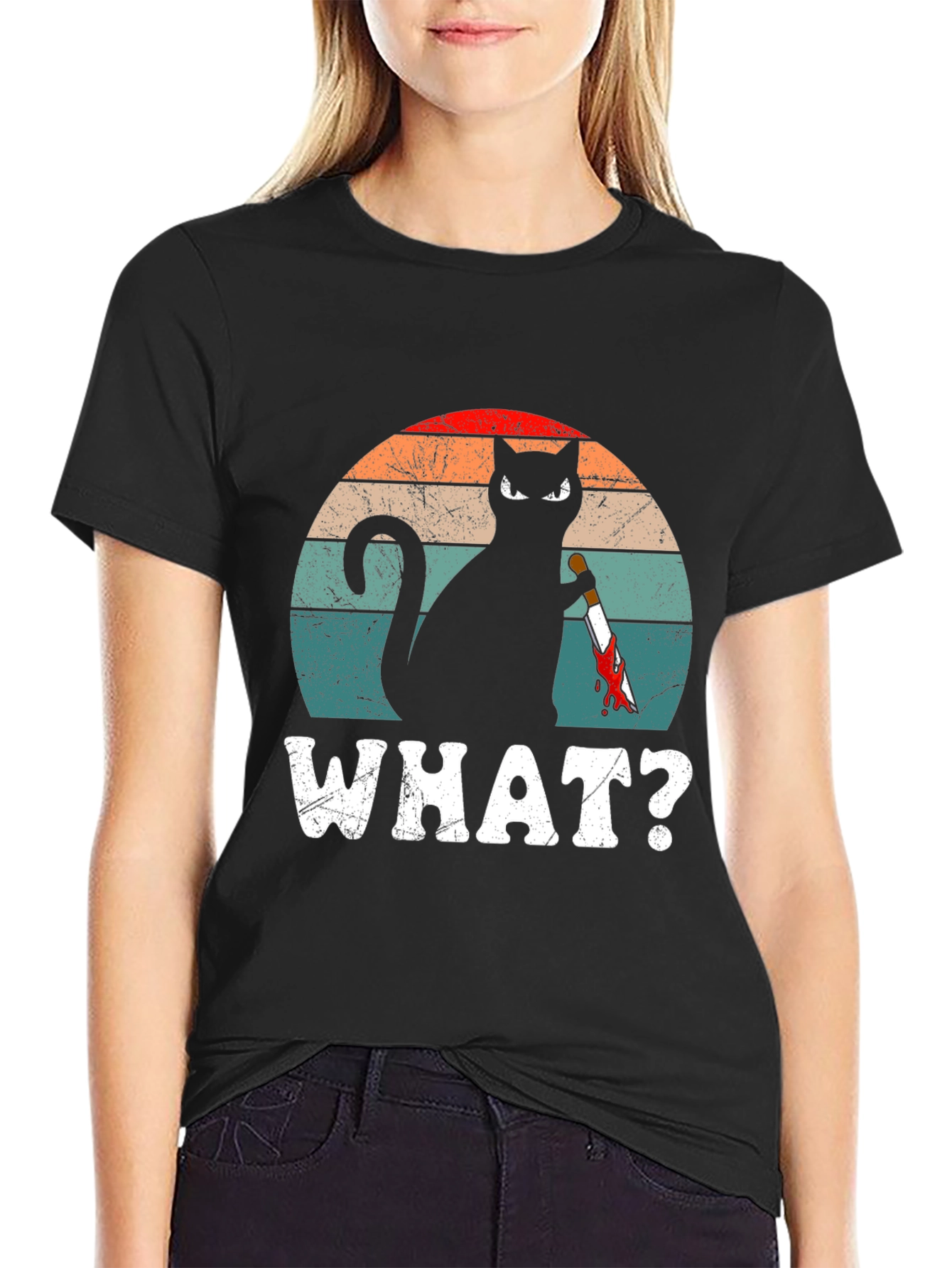 Black Cat With Knife T-Shirt - "WHAT?" Funny Graphic Tee view 2