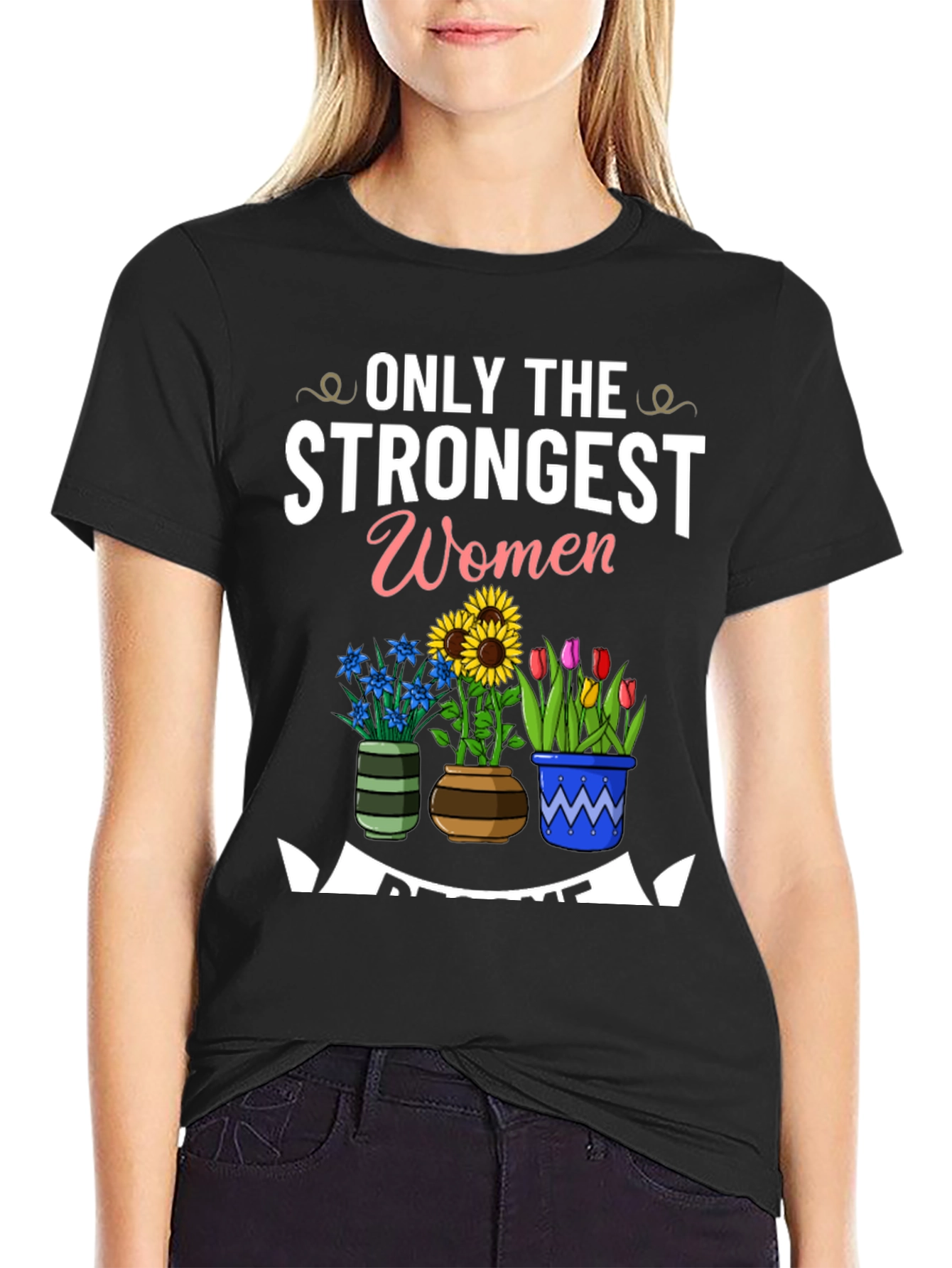 Black Strongest Women Awesome Flowers Black T-Shirt view 2