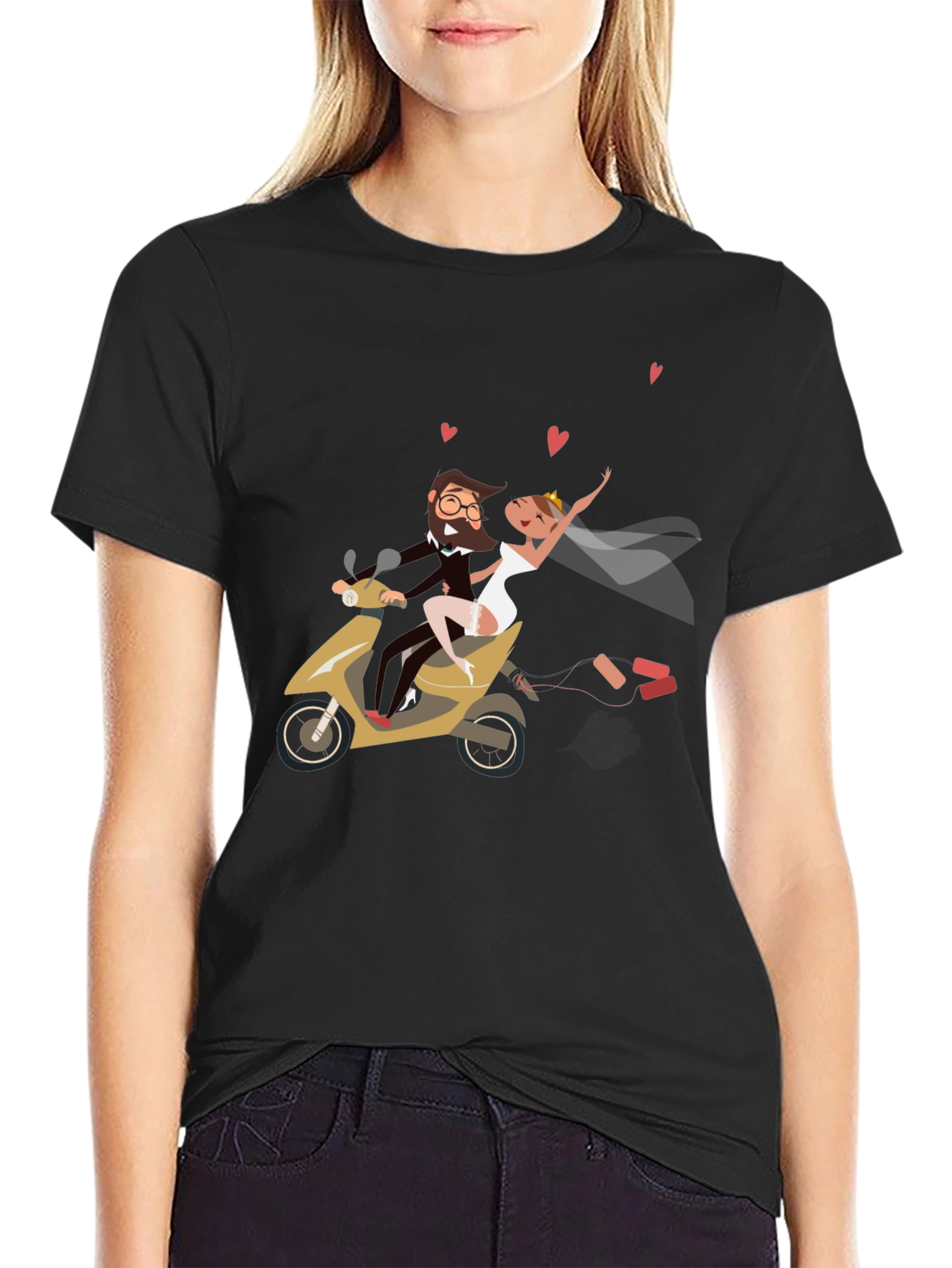 Black Wedding Couple Scooter Ride Black T-Shirt view 2