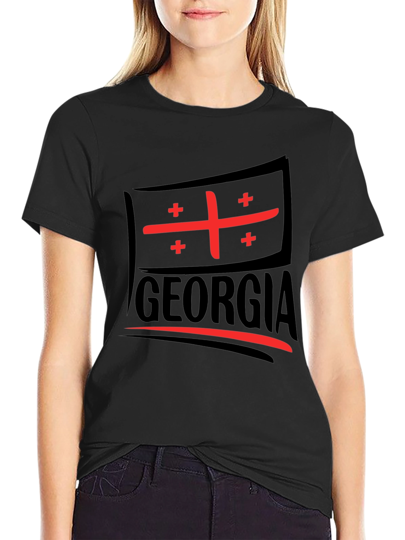 Black Georgia Flag T-Shirt - Black Cotton Tee view 2