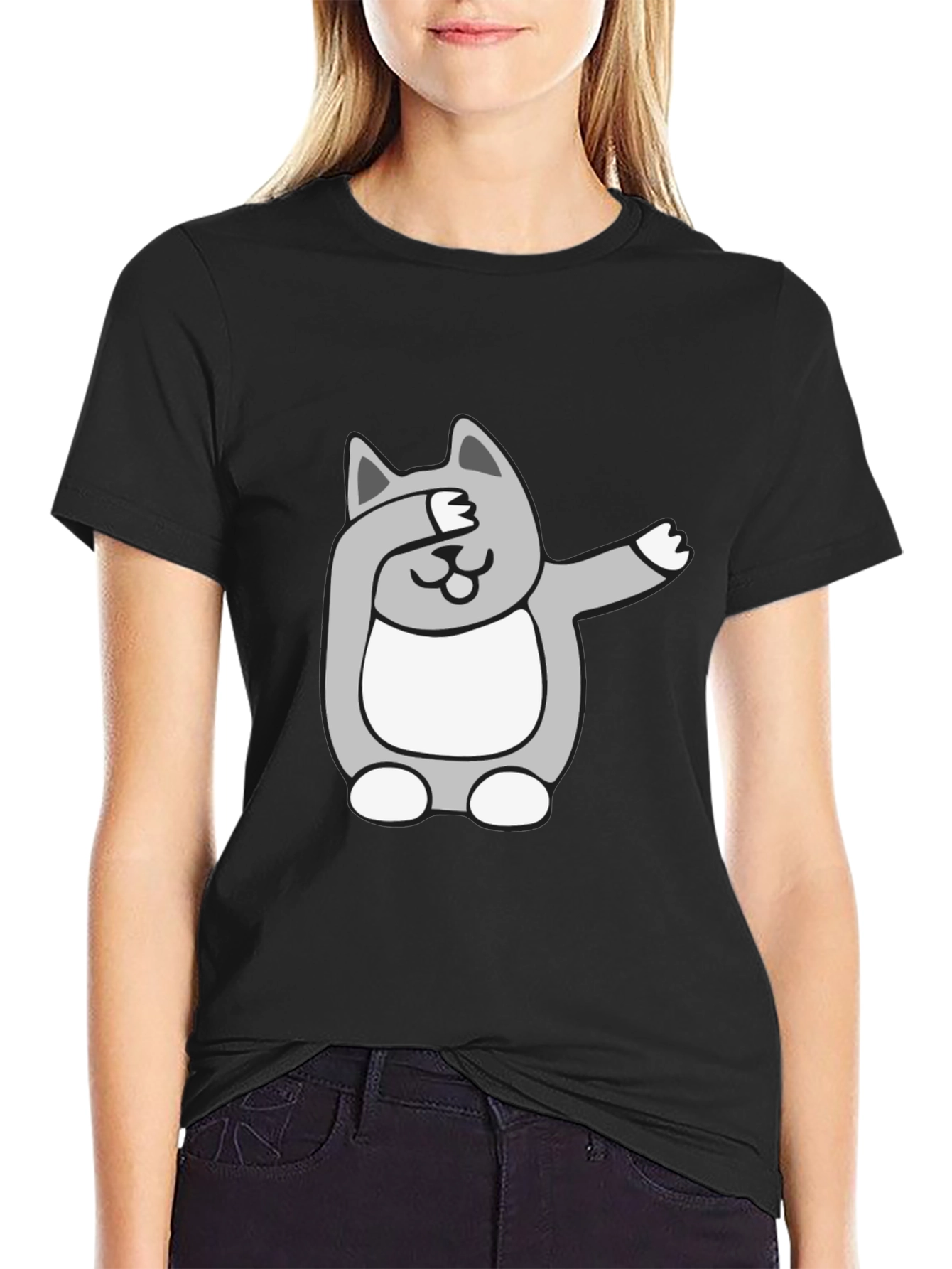 Black Dabbing Cat Graphic Tee - Funny Novelty T-Shirt view 2