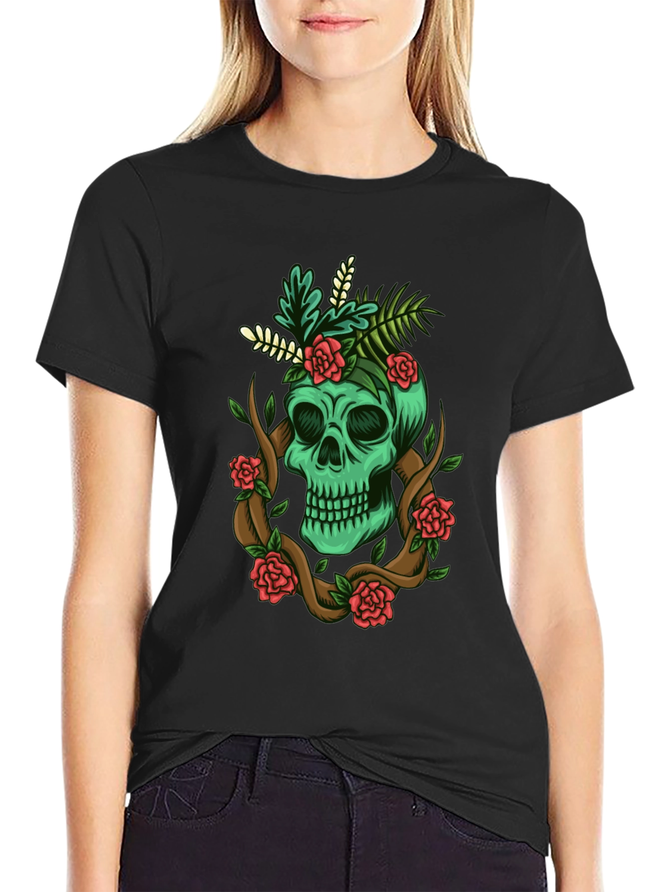 Black Skull & Roses Graphic Tee - Men's Black T-Shirt view 2