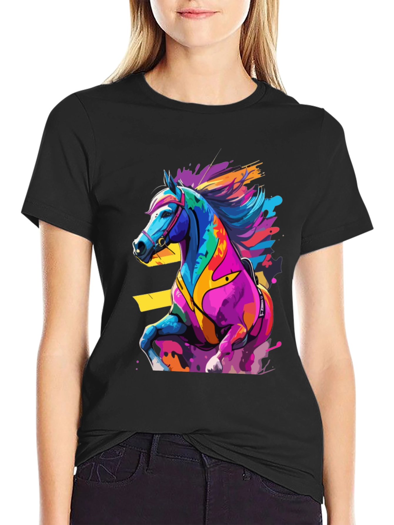 Black Colorful Horse Graphic Tee - Artistic Animal Design view 2