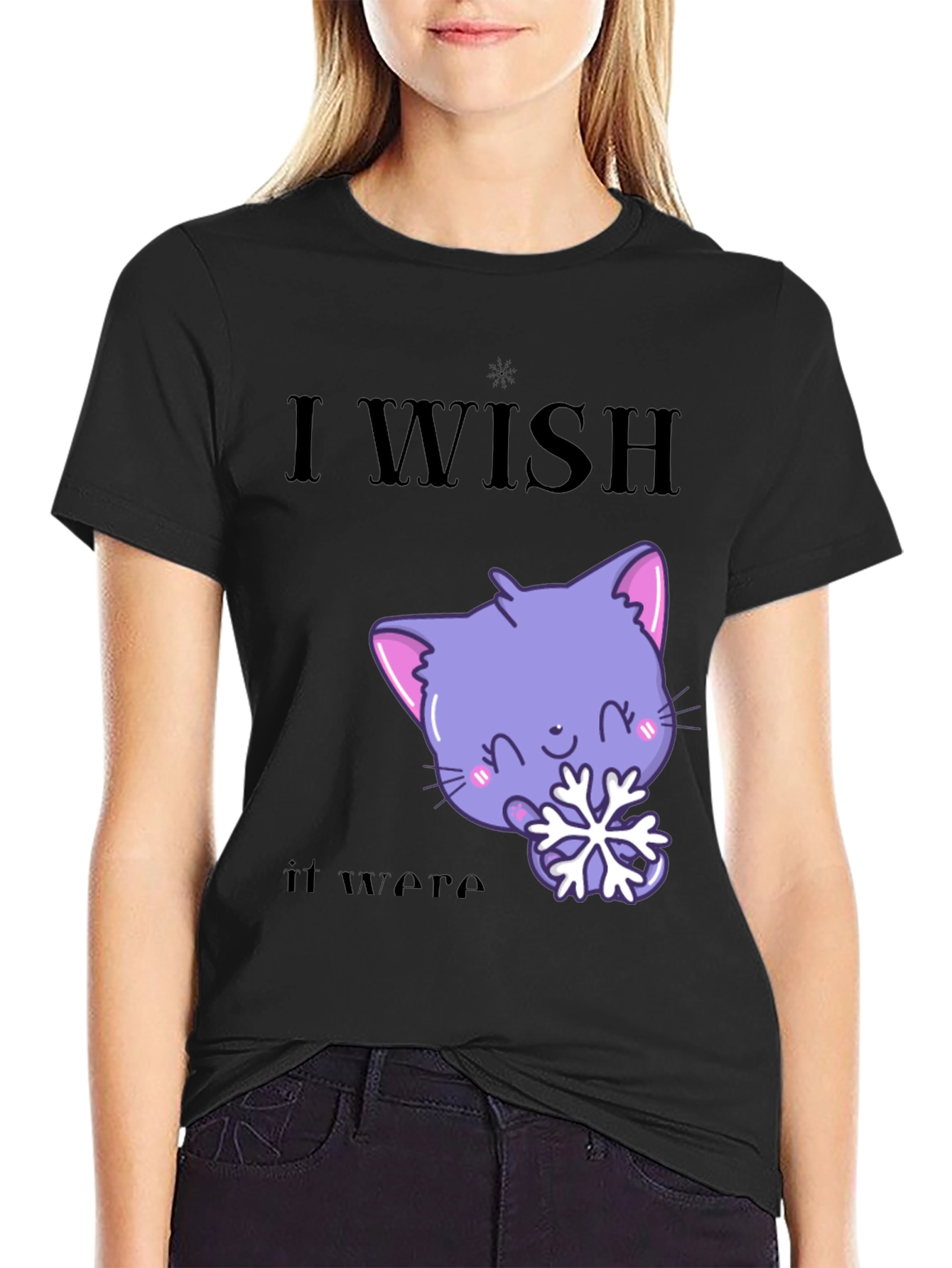 Black Cute Kawaii Cat Snowflake Graphic T-Shirt view 2