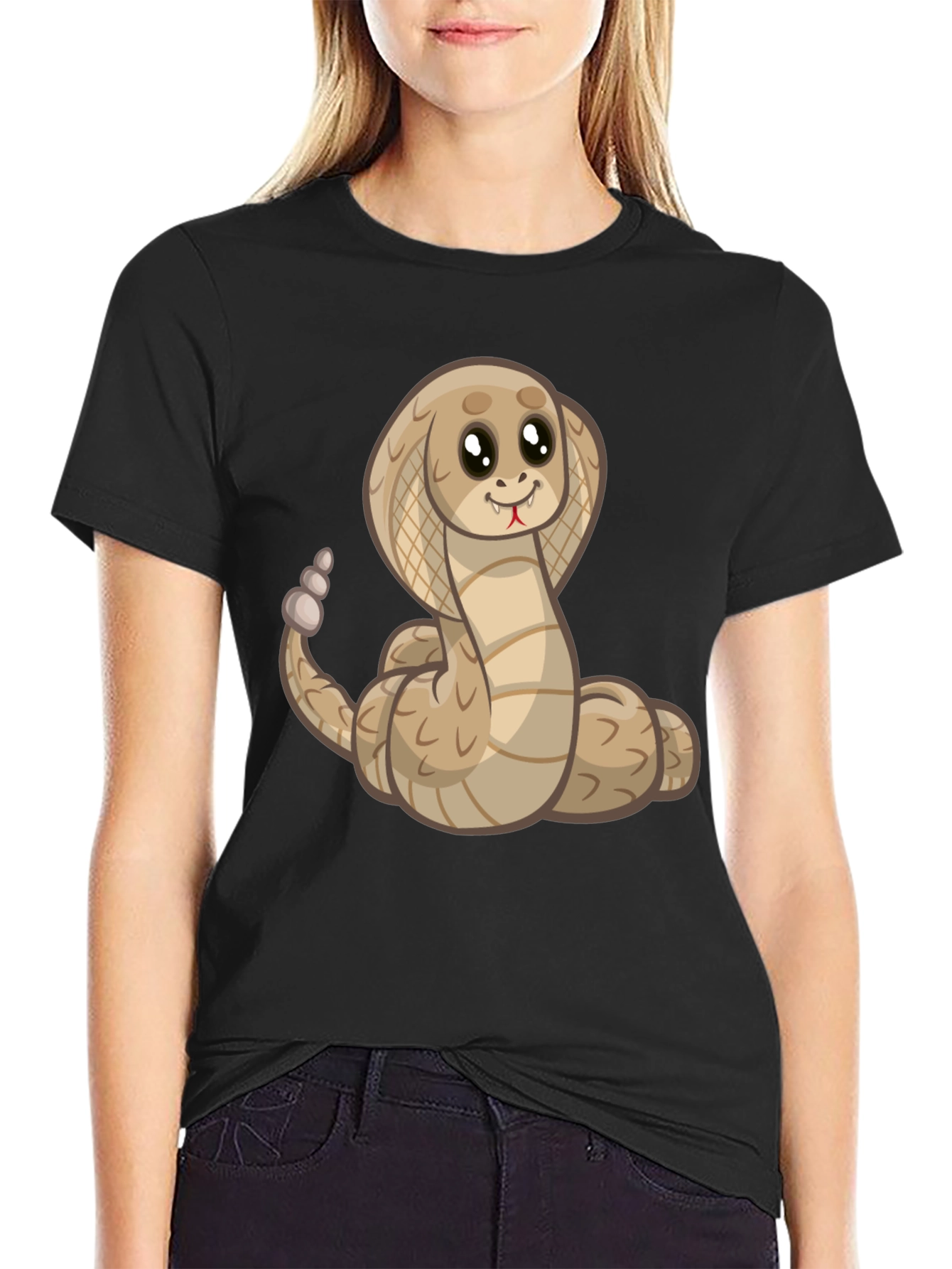 Black Cute Cartoon Cobra Snake Black T-Shirt view 2