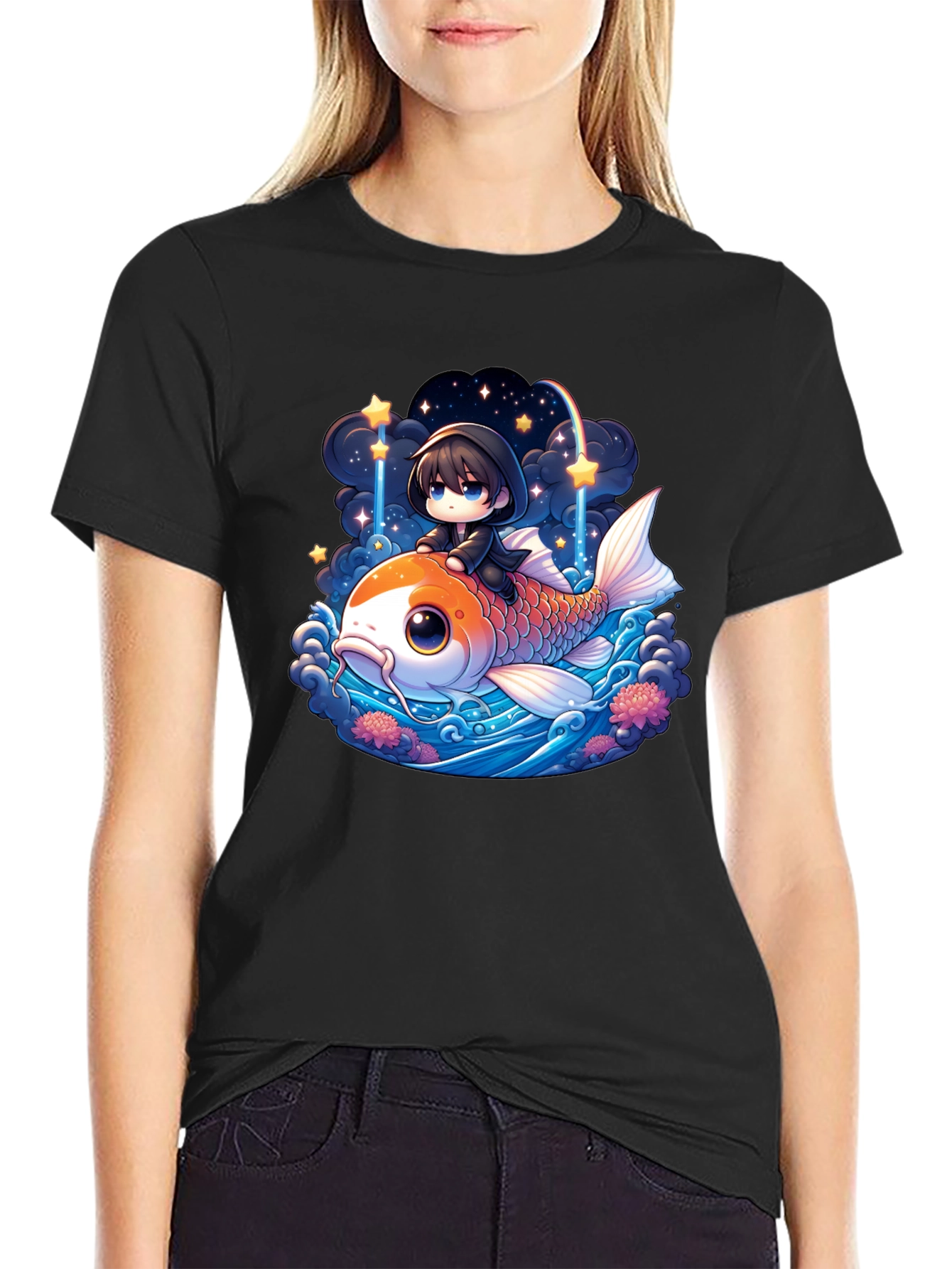 Black Koi Fish Anime Graphic Tee view 2