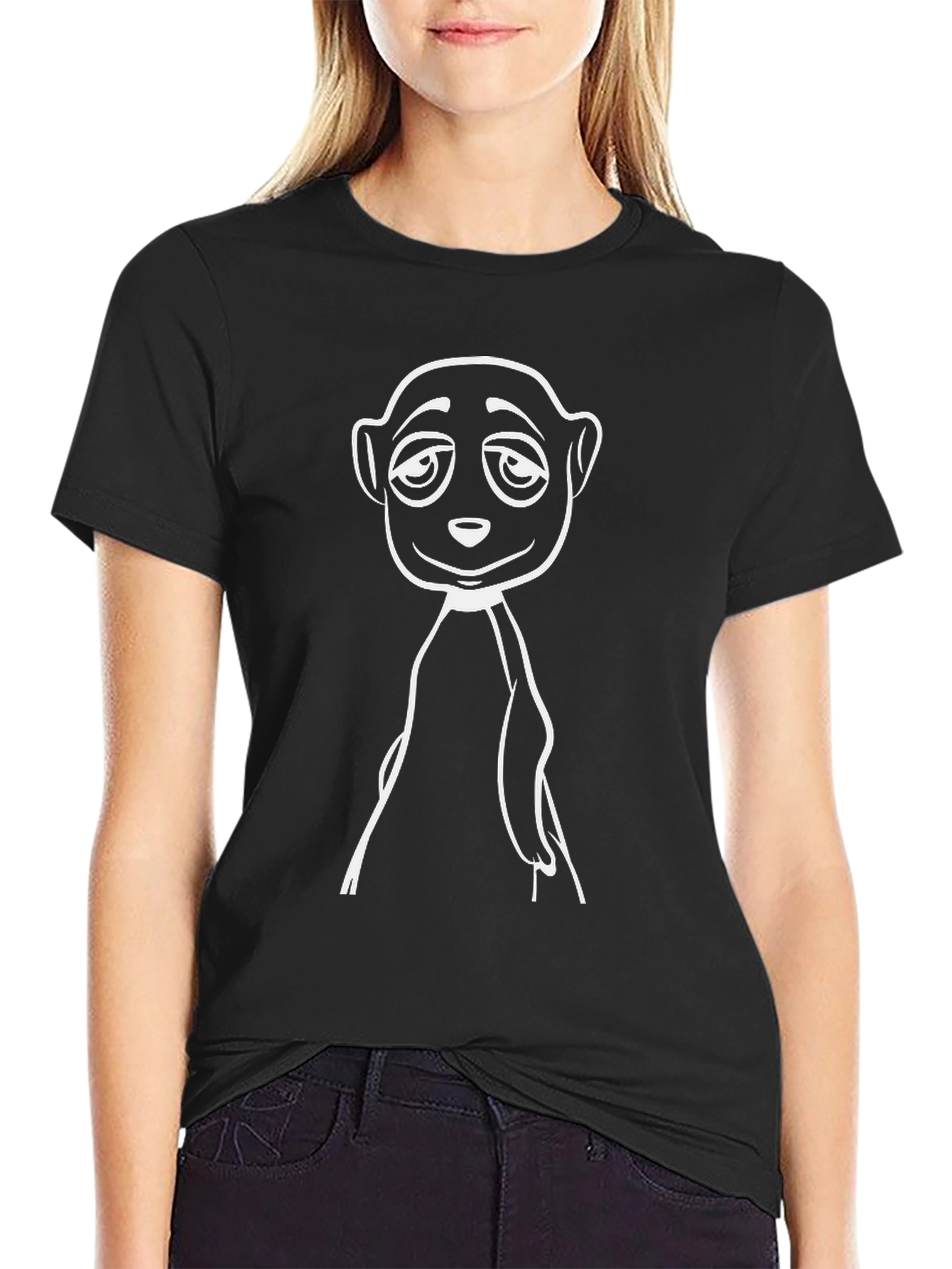 Black Cartoon Meerkat Graphic Tee - Black Cotton T-Shirt view 2