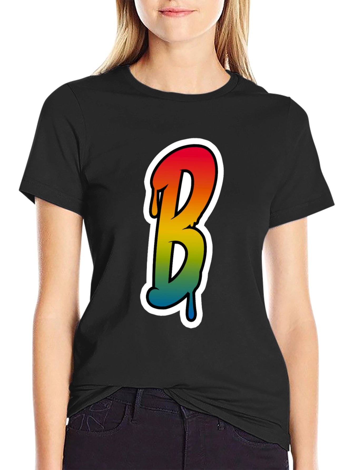Black Cool Letter B Graphic Tee - Black Cotton Blend view 2