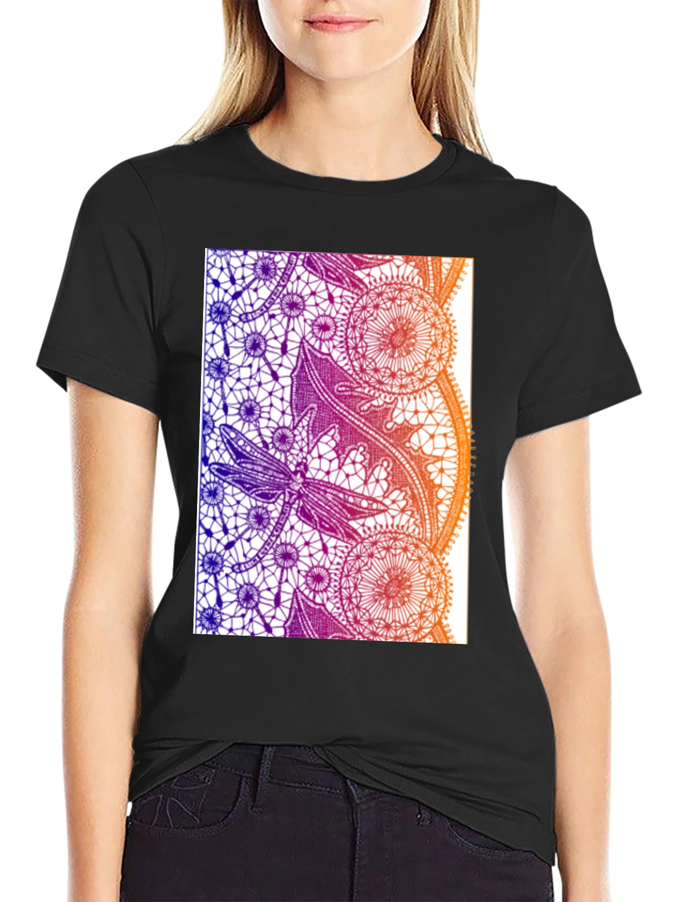 Black Lace Dragonfly Graphic Tee - Black Cotton Casual T-Shirt view 2