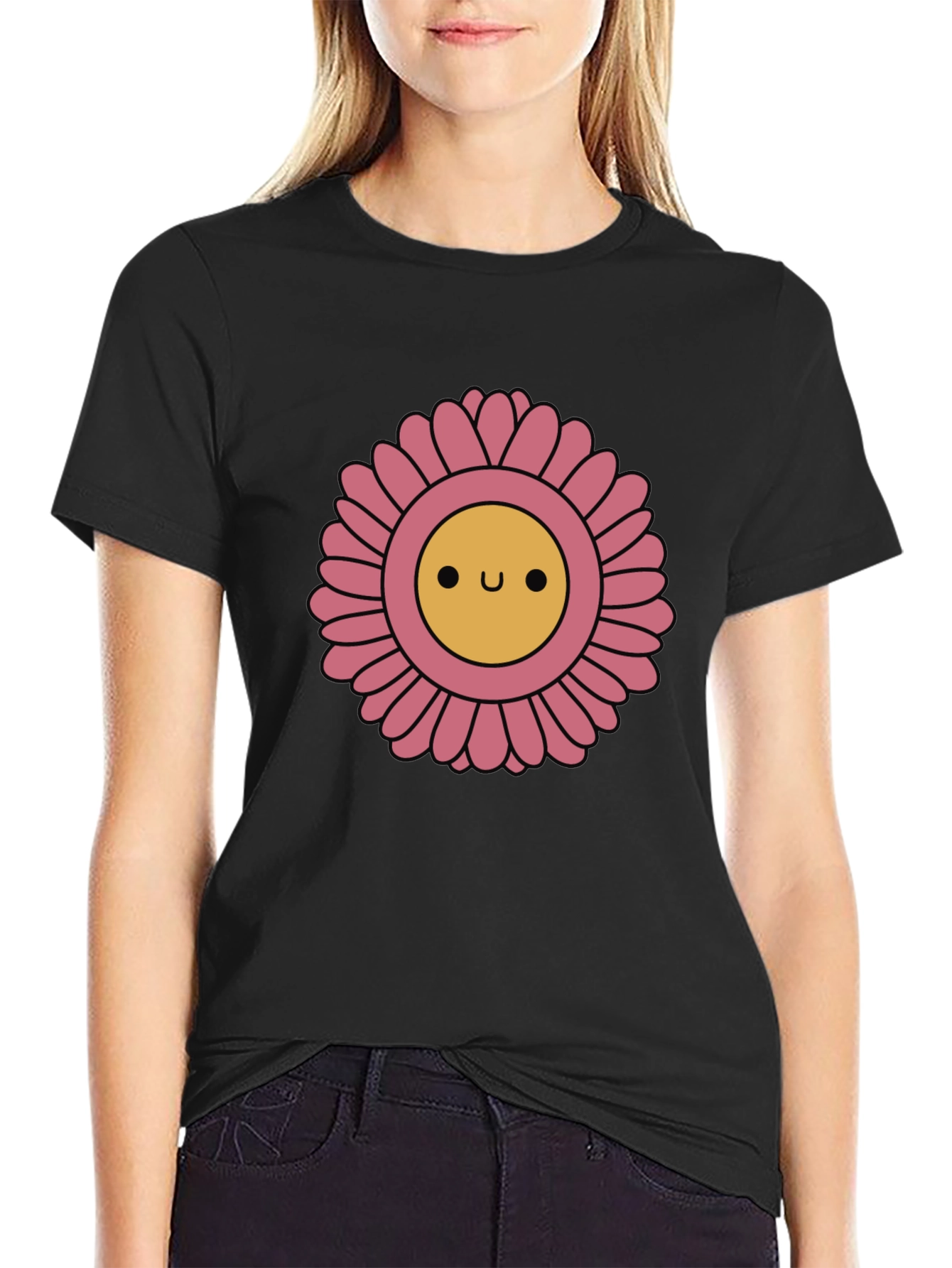 Black Cute Smiling Flower Graphic T-Shirt view 2