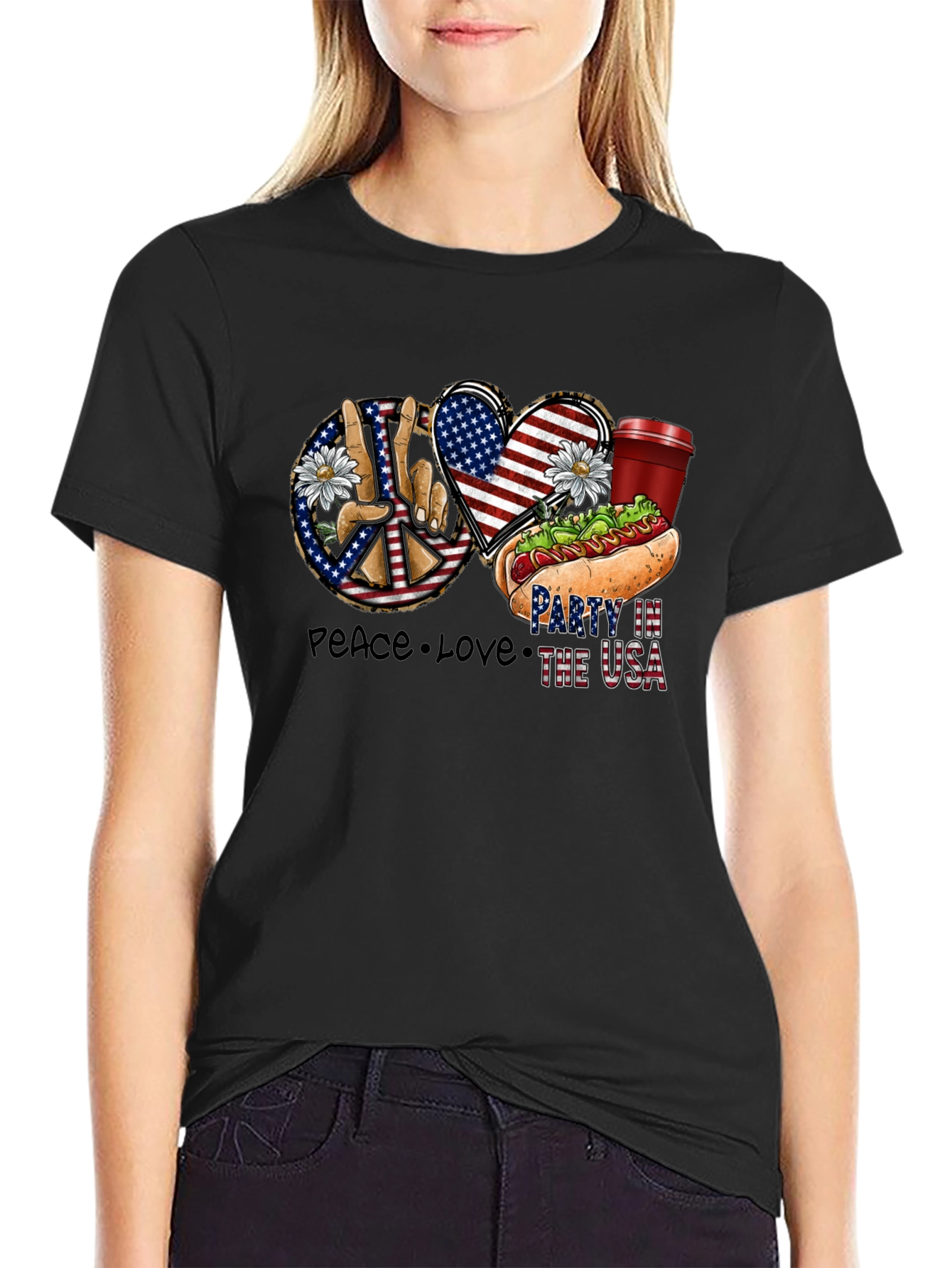 Black Patriotic Peace, Love & USA Party T-Shirt view 2