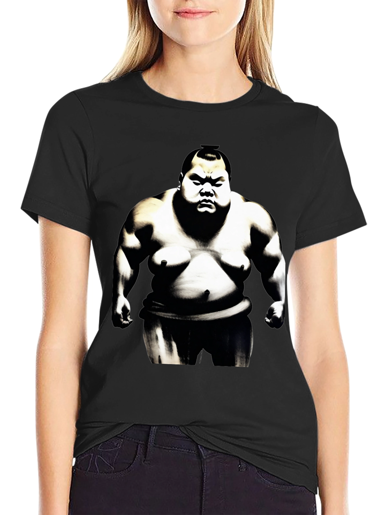 Black Sumo Wrestler Graphic Tee - Black Cotton Blend view 2