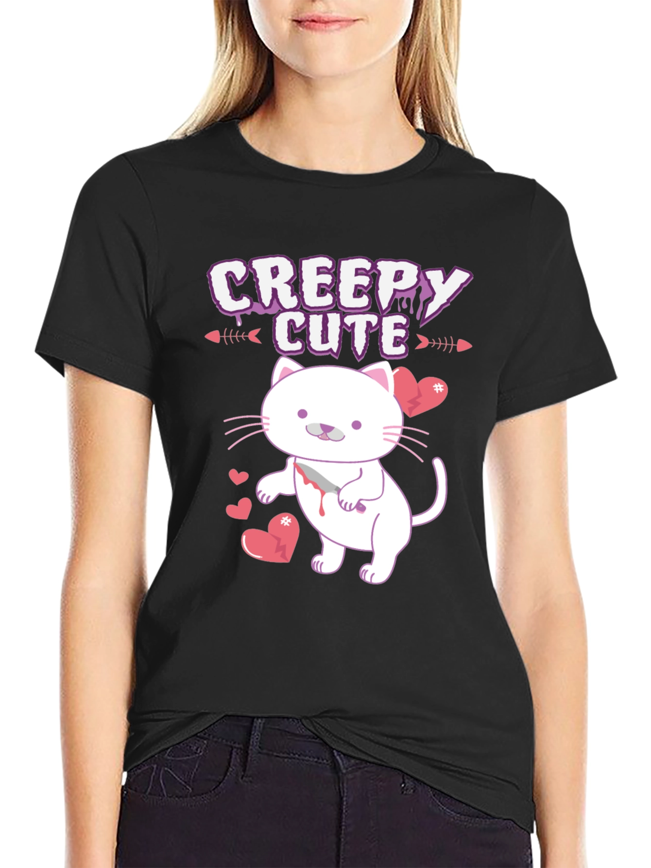 Black Creepy Cute Cat T-Shirt view 2