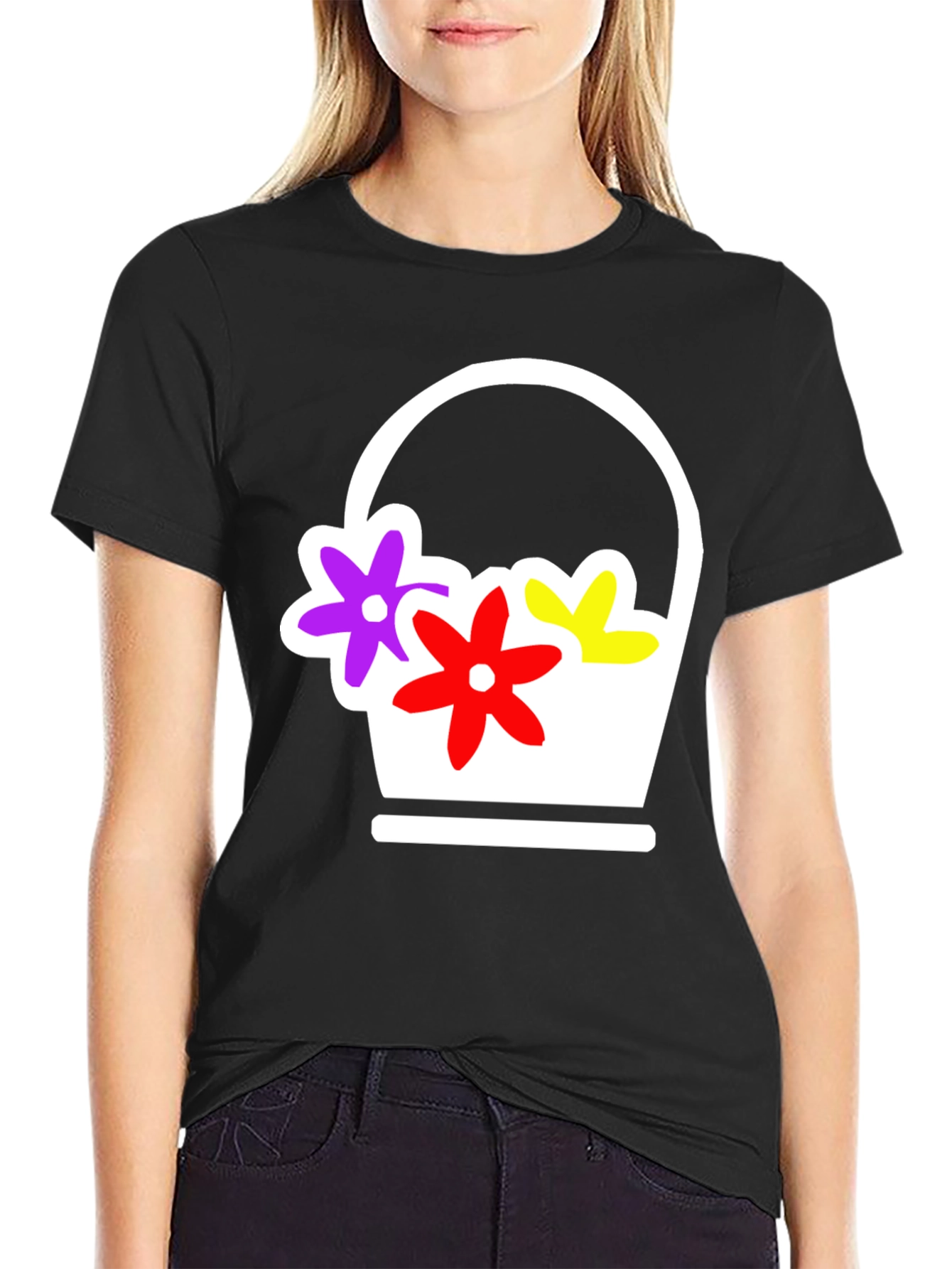 Black Floral Basket Graphic Tee - Black Casual T-Shirt view 2