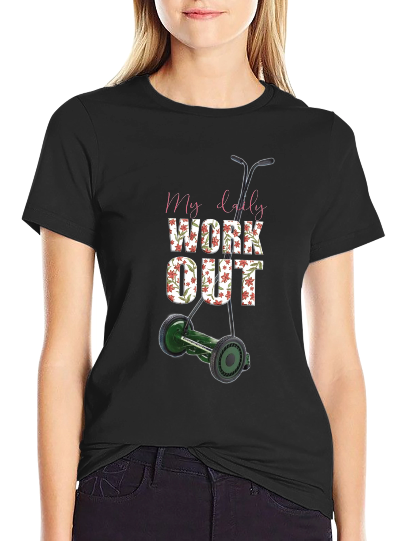 Black My Daily Workout T-Shirt - Unique Lawn Mower Design view 2