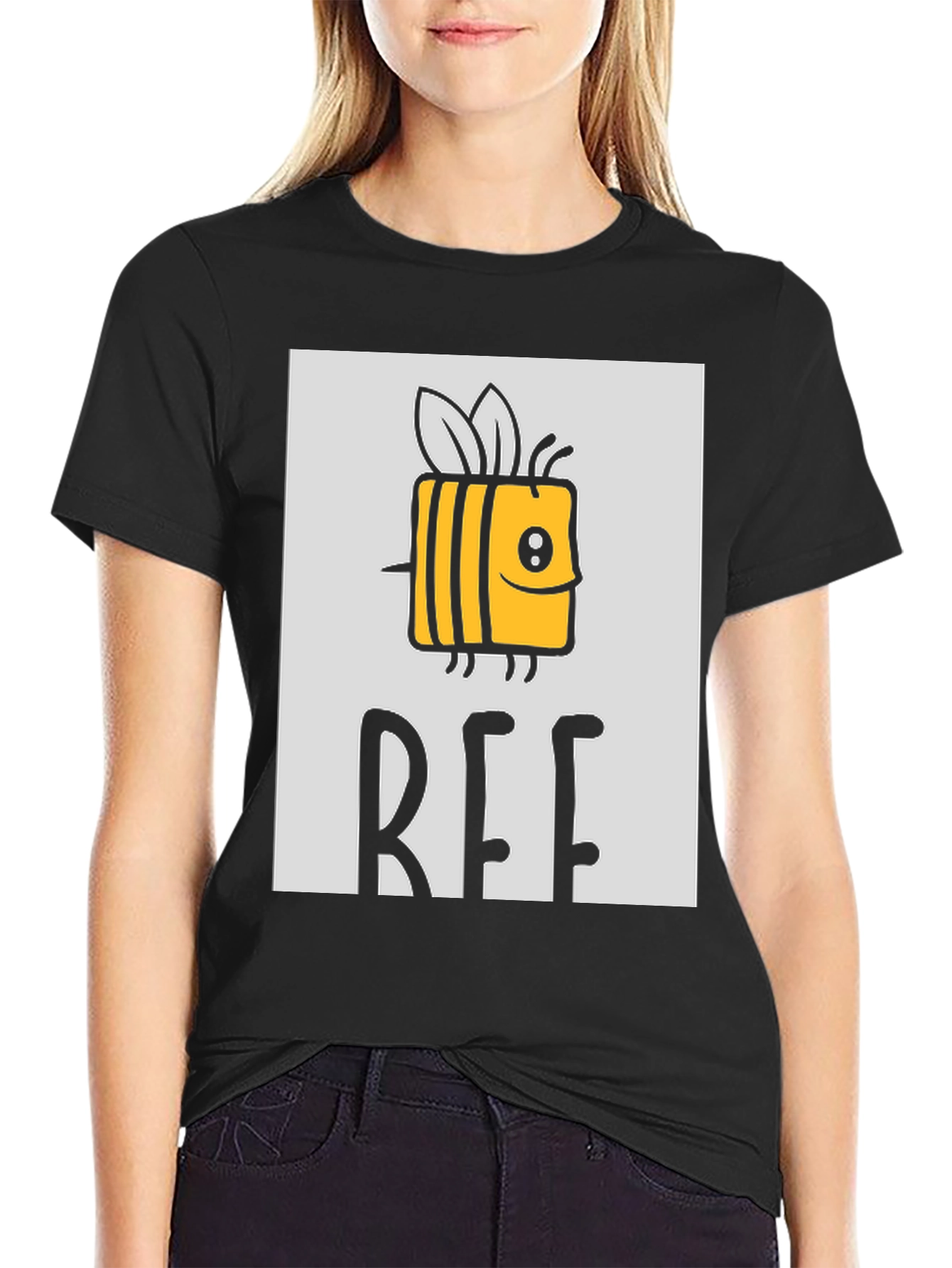 Black Cute Cartoon Bee Graphic Print Black T-Shirt view 2