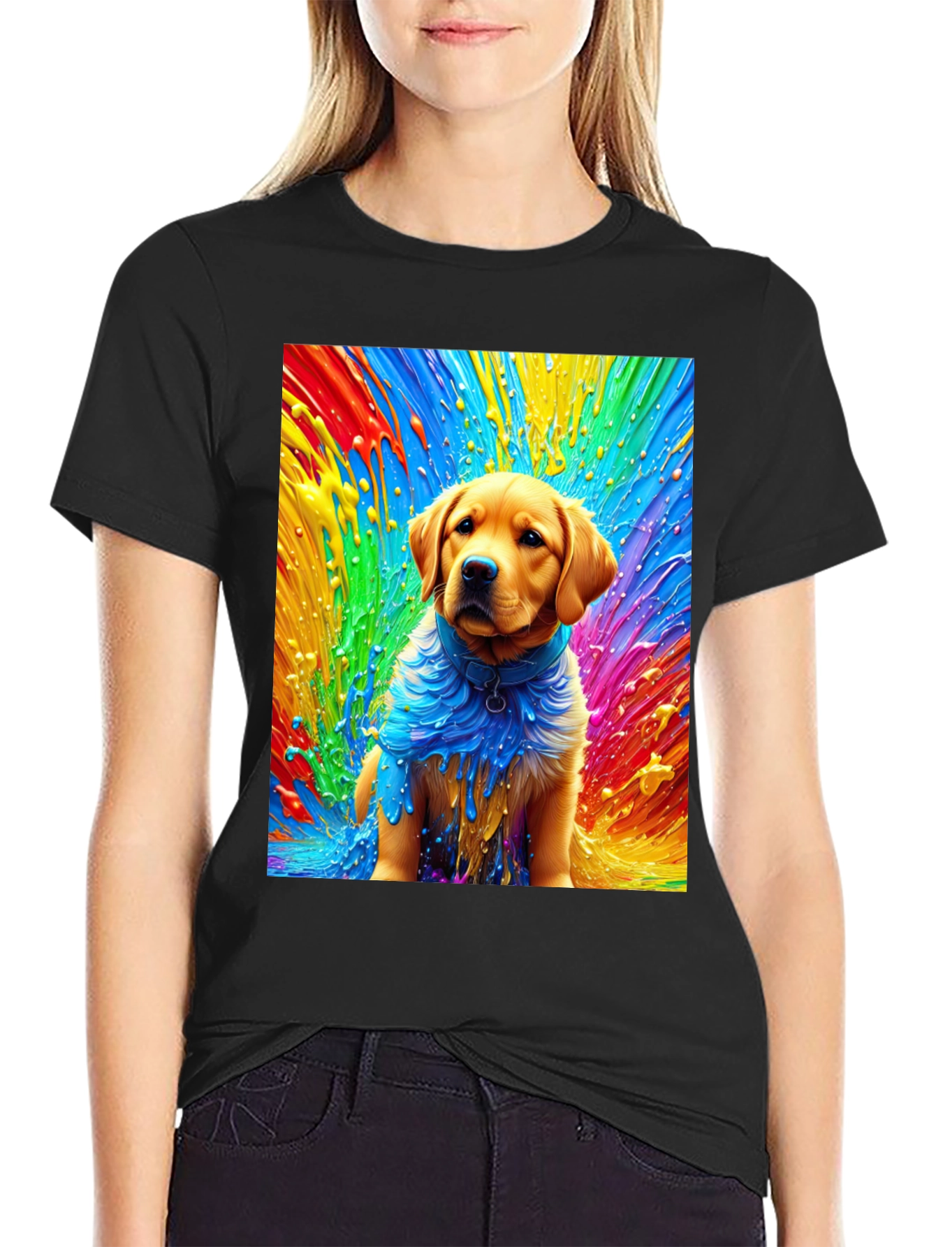 Black Rainbow Dog Art Black T-Shirt view 2