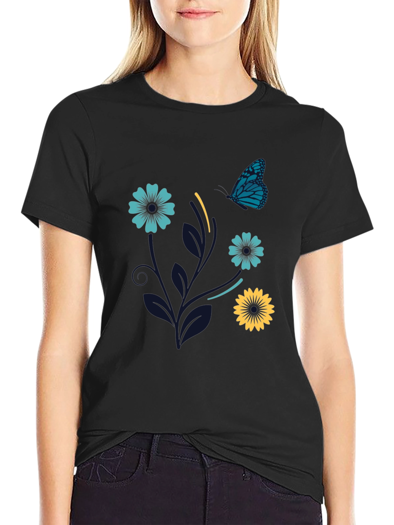 Black Floral Butterfly Graphic Tee - Stylish Comfort view 2