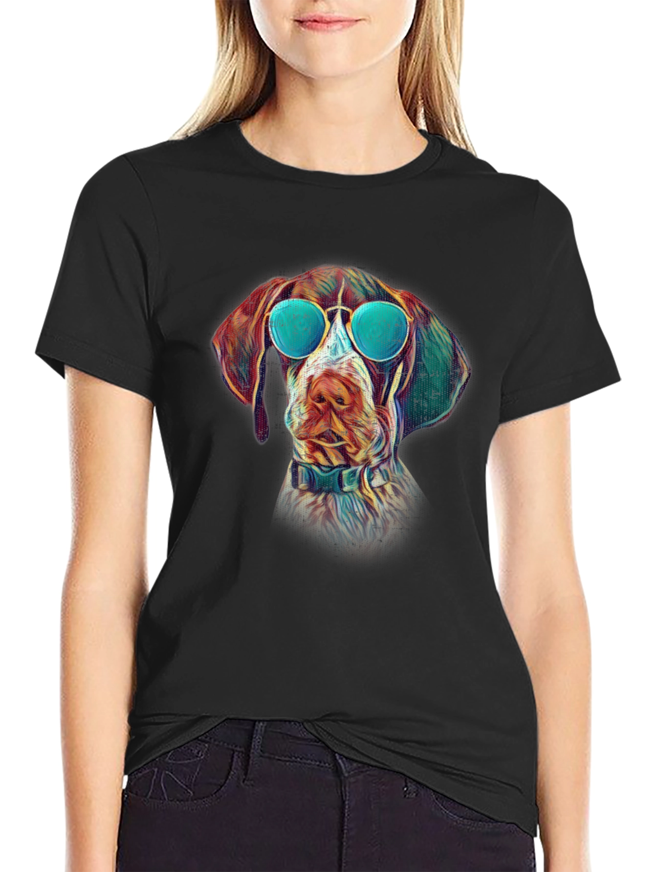 Black Cool Dog T-Shirt - Graphic Tee with Dog Wearing Sunglasses view 2