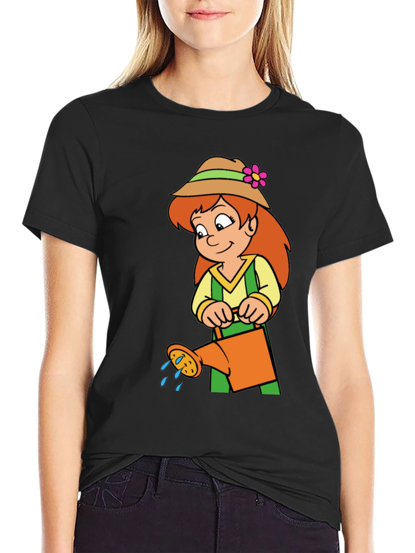 Black Gardening Girl T-Shirt - Fun Cartoon Design view 2