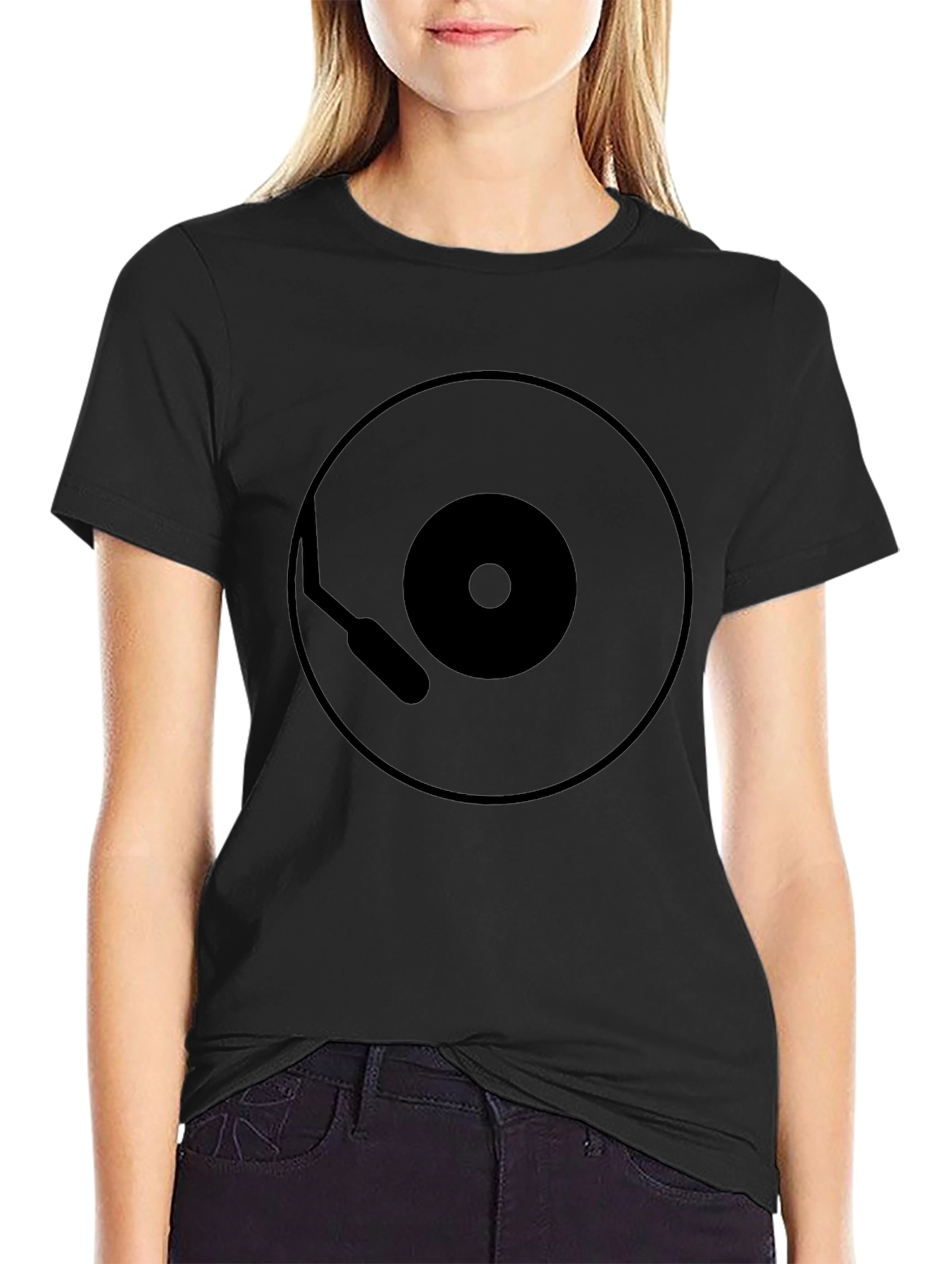 Black Retro Record Player Graphic Tee - Black Cotton Shirt view 2