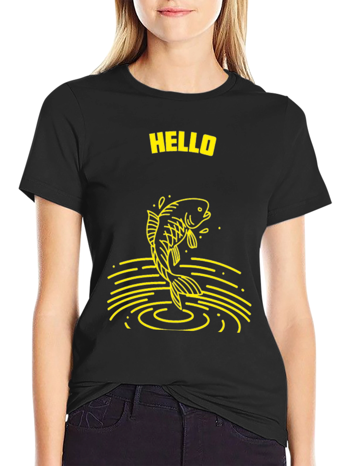 Black Hello Fish Graphic T-Shirt view 2
