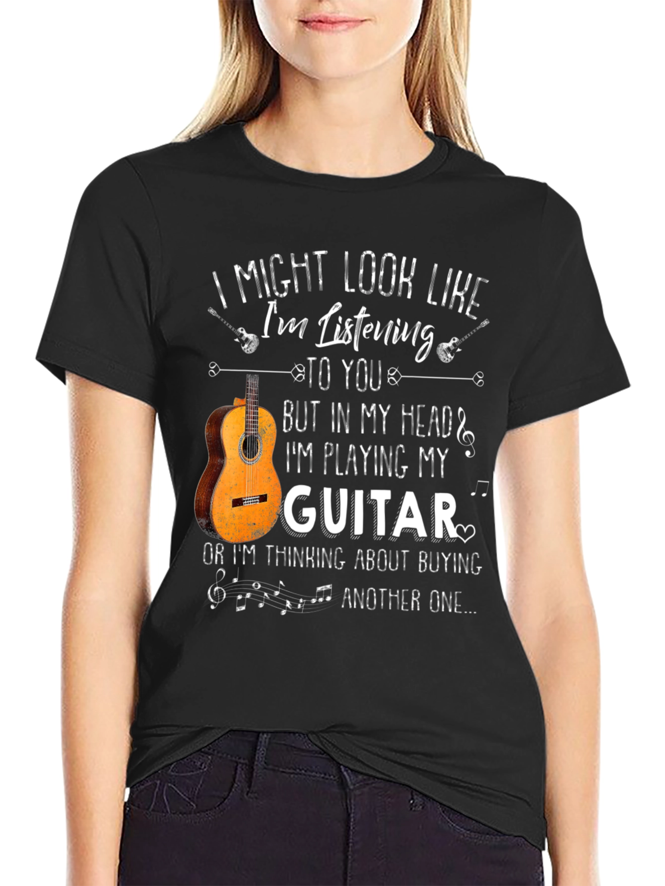 Black I Might Look Like I'm Listening Guitar T-Shirt view 2