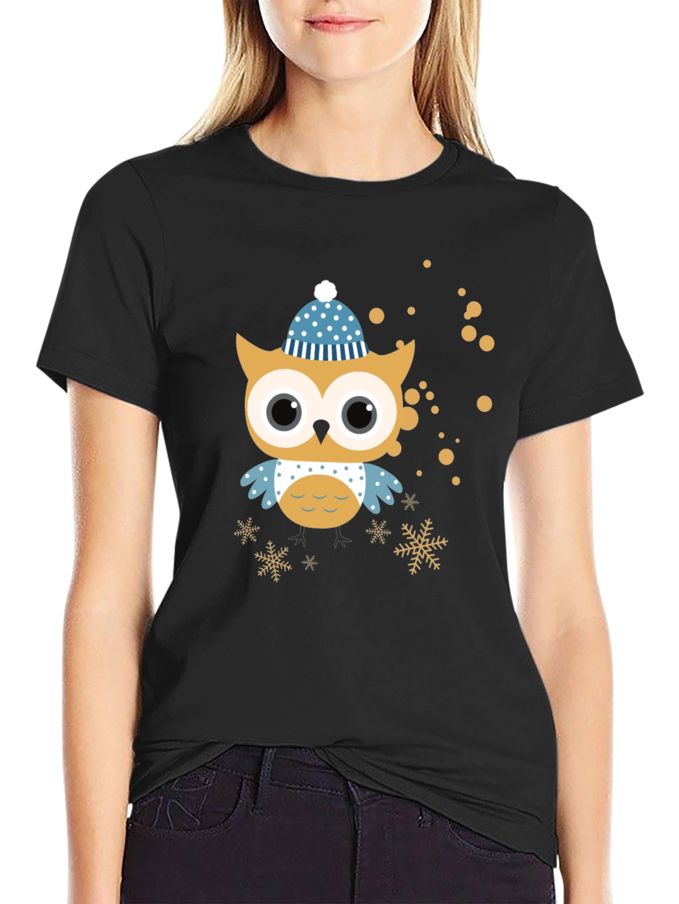 Black Festive Owl Graphic Tee - Winter Holiday Style view 2