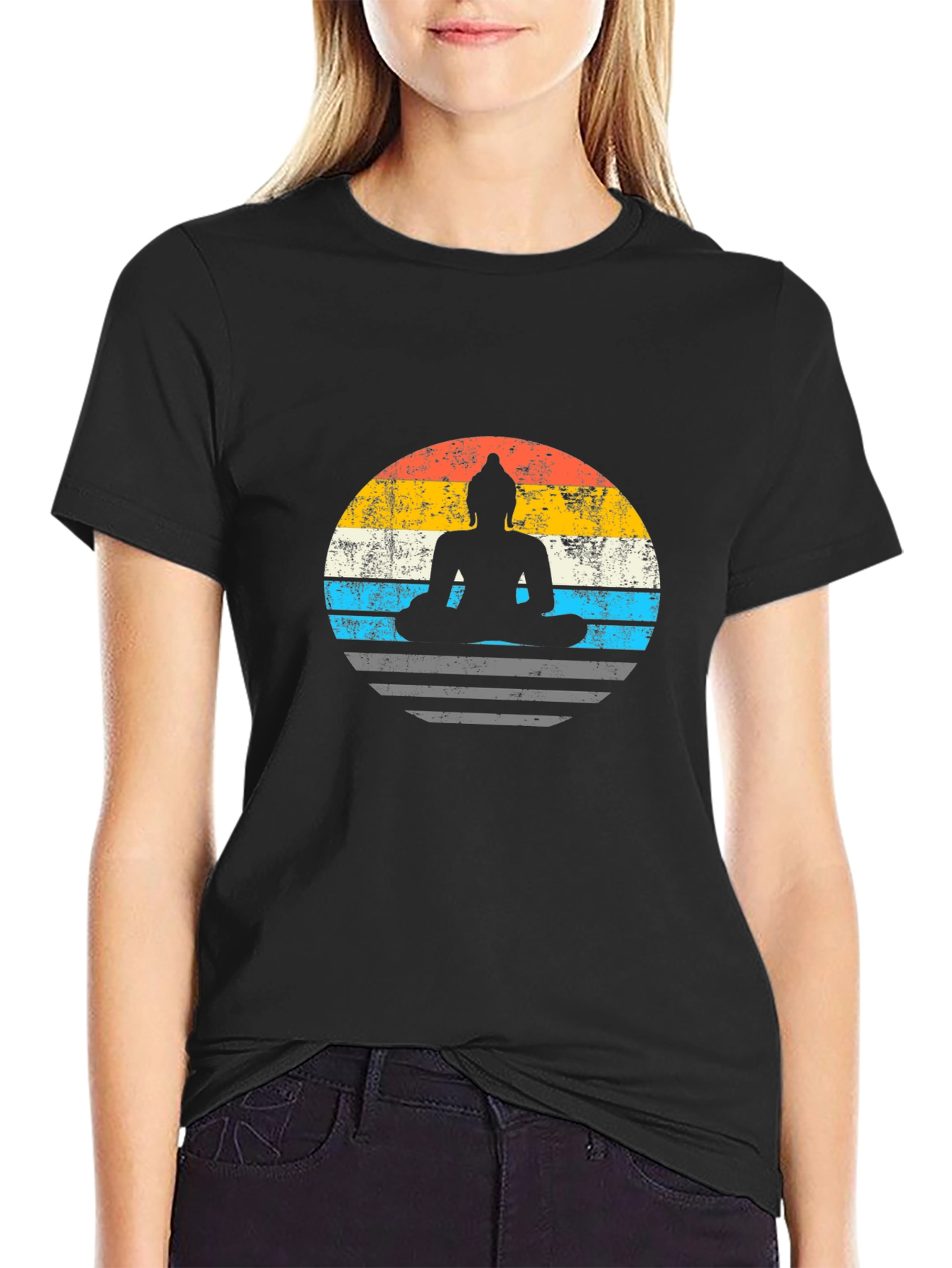 Black Buddha Silhouette Retro T-Shirt - Black view 2