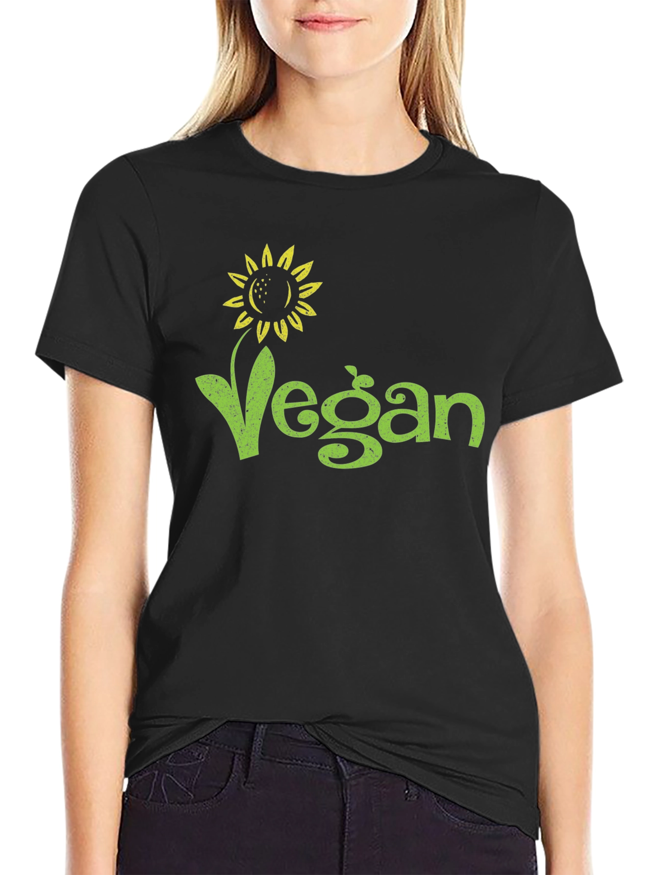 Black Vegan Sunflower Graphic Tee - Black Cotton T-Shirt view 2