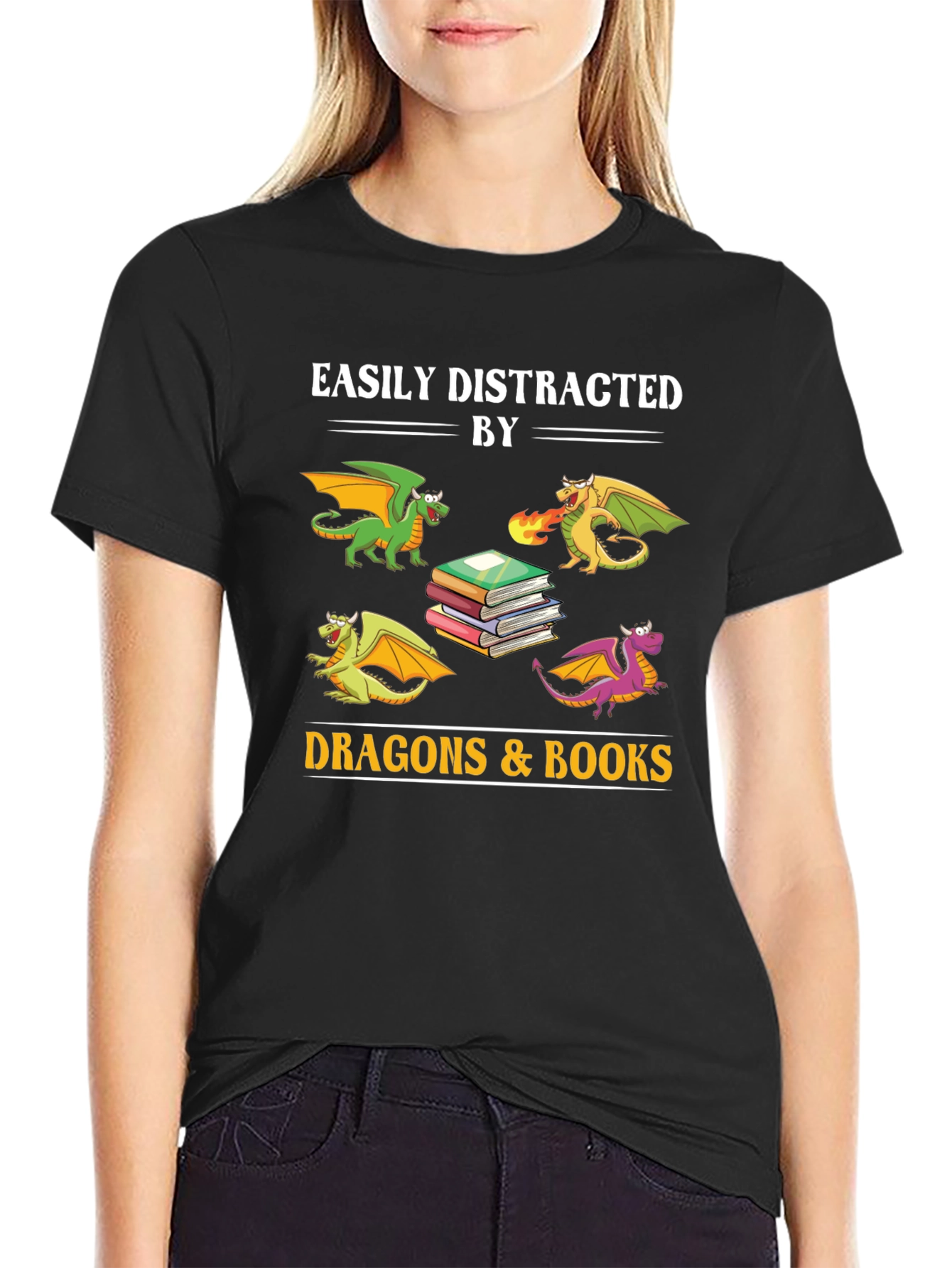 Black Easily Distracted by Dragons and Books T-Shirt view 2