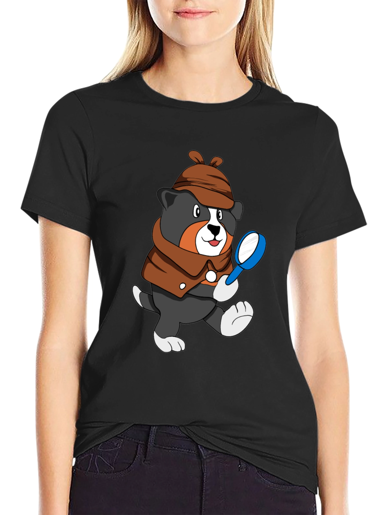 Black Detective Dog T-Shirt - Cartoon Puppy Sleuth Tee view 2