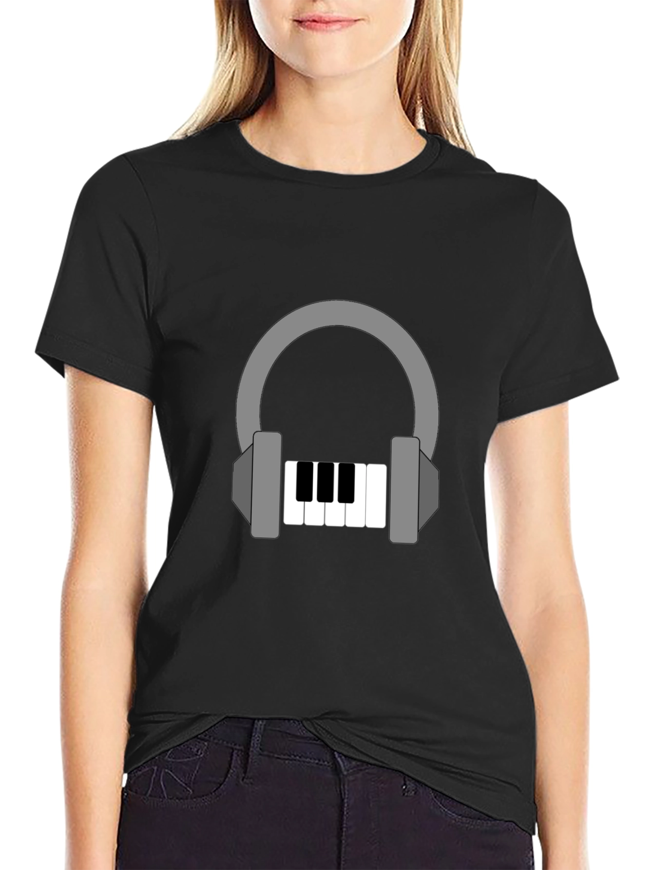 Black Headphone Piano Graphic Tee - Music Lover Shirt view 2