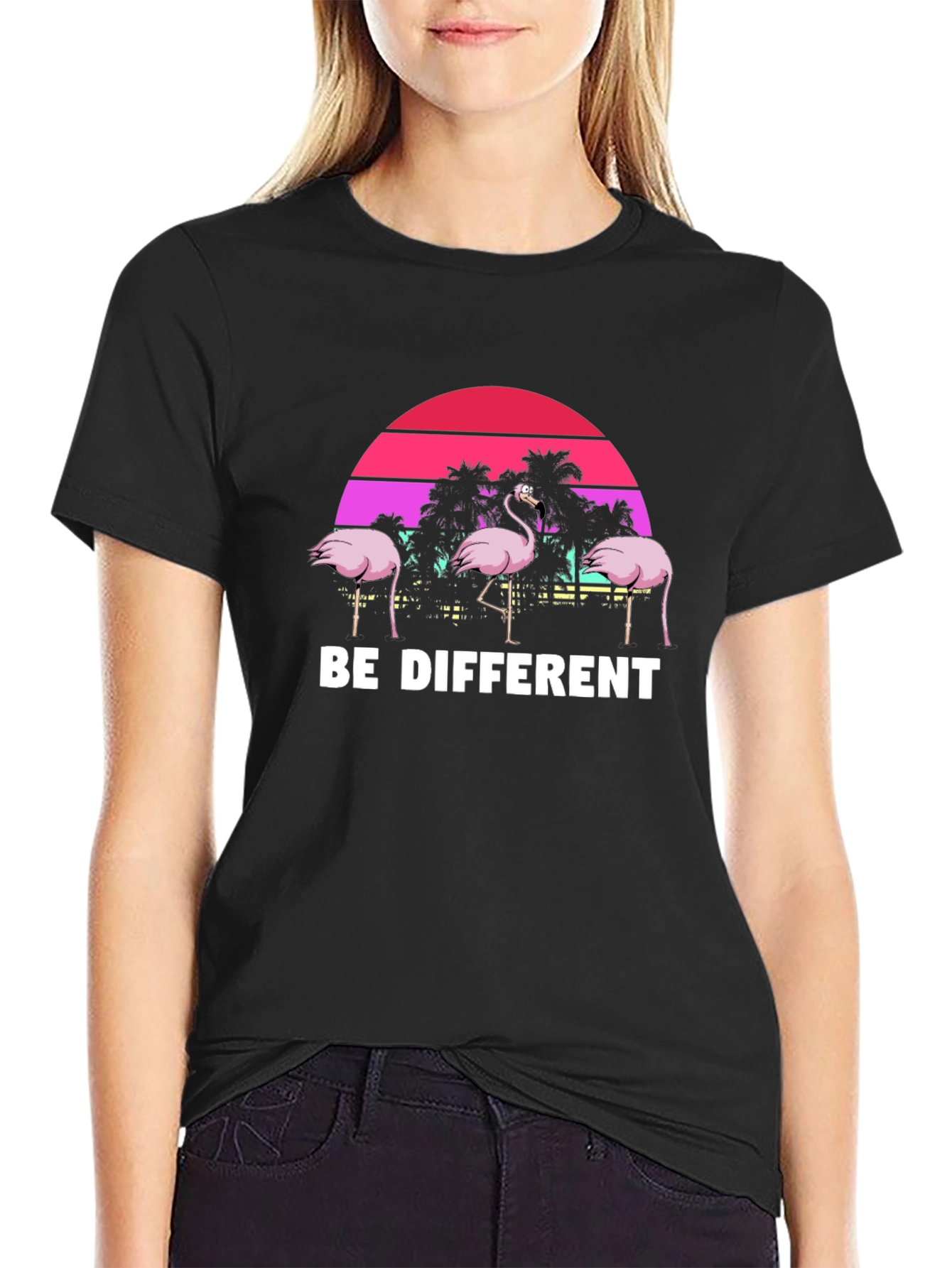 Black Be Different Flamingo T-Shirt Unique Graphic Tee view 2