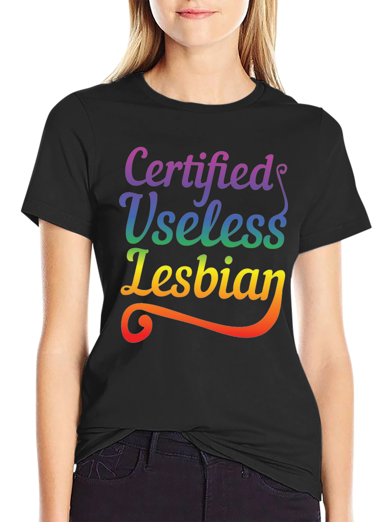 Black Certified Useless Lesbian Rainbow Tee view 2