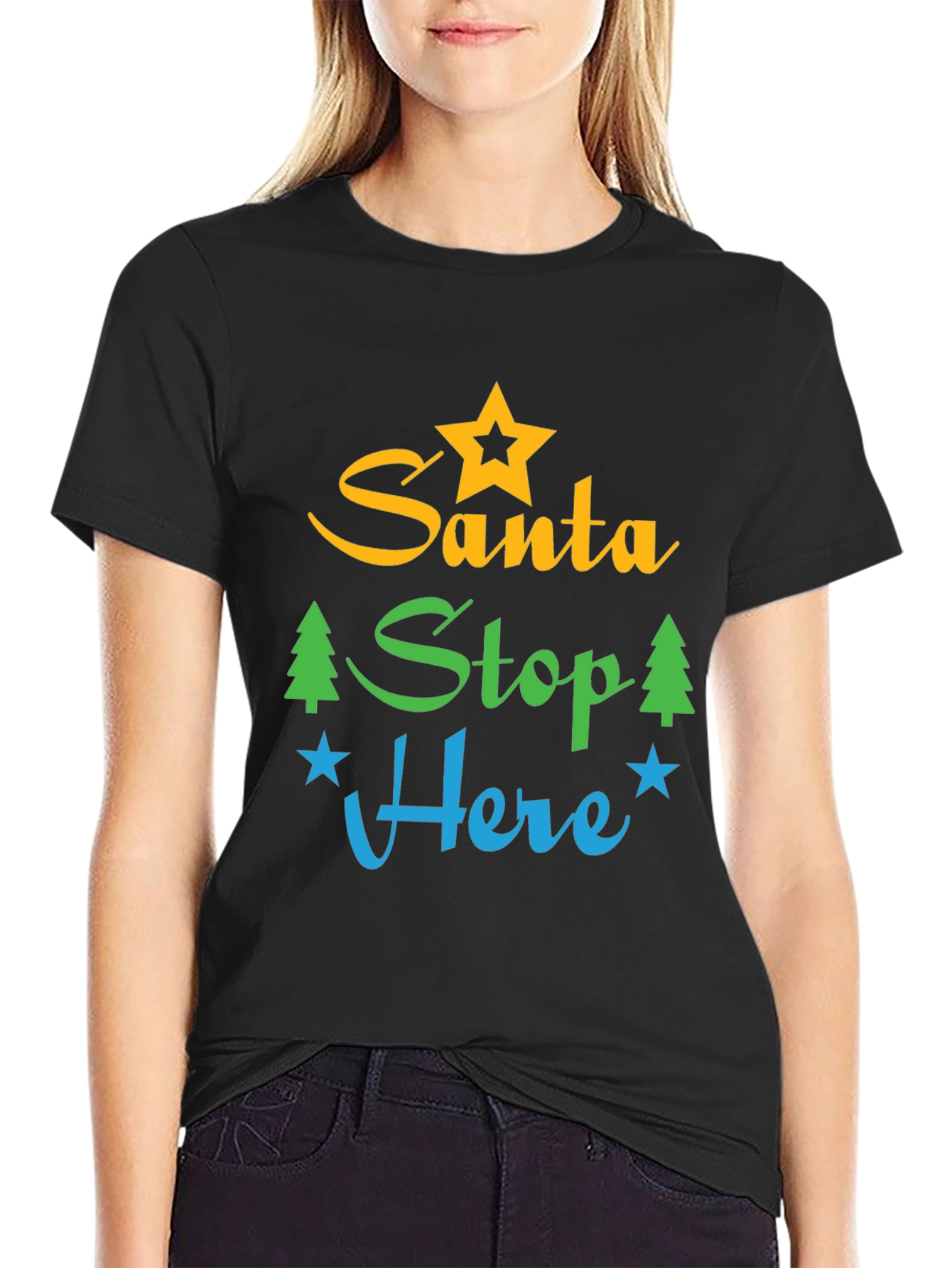 Black Santa Stop Here Graphic Tee - Festive Holiday Apparel view 2