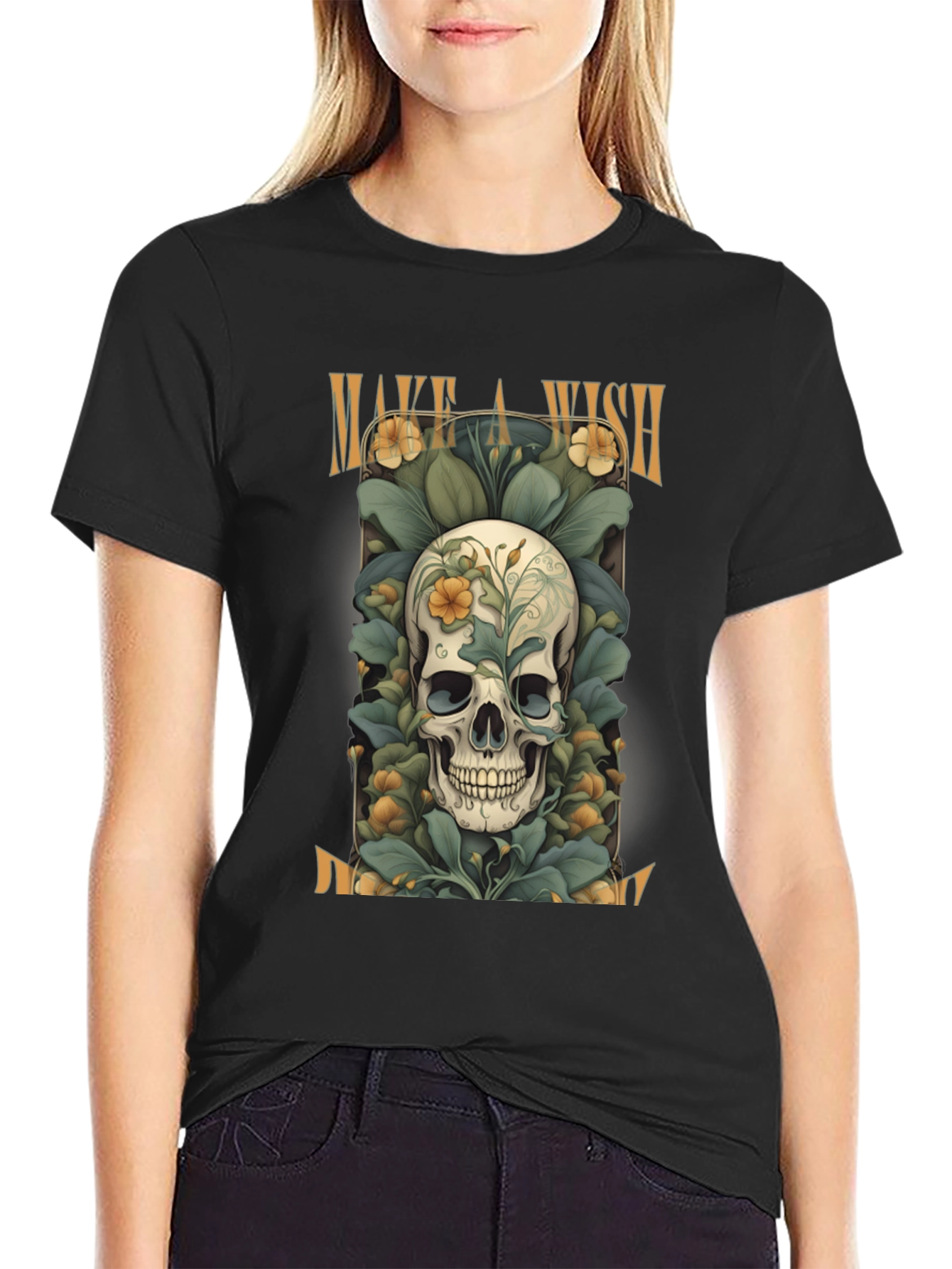 Black Make a Wish Skull Tee - Floral Skull Design view 2