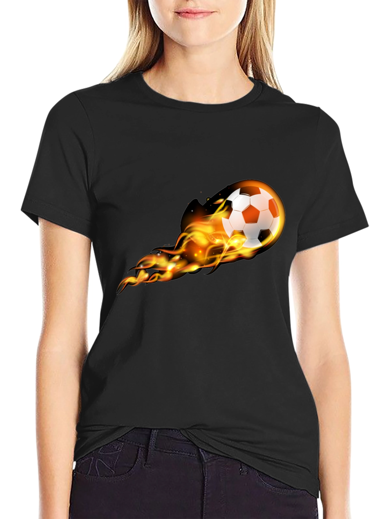 Black Flaming Soccer Ball Graphic Tee - Black Cotton T-Shirt view 2