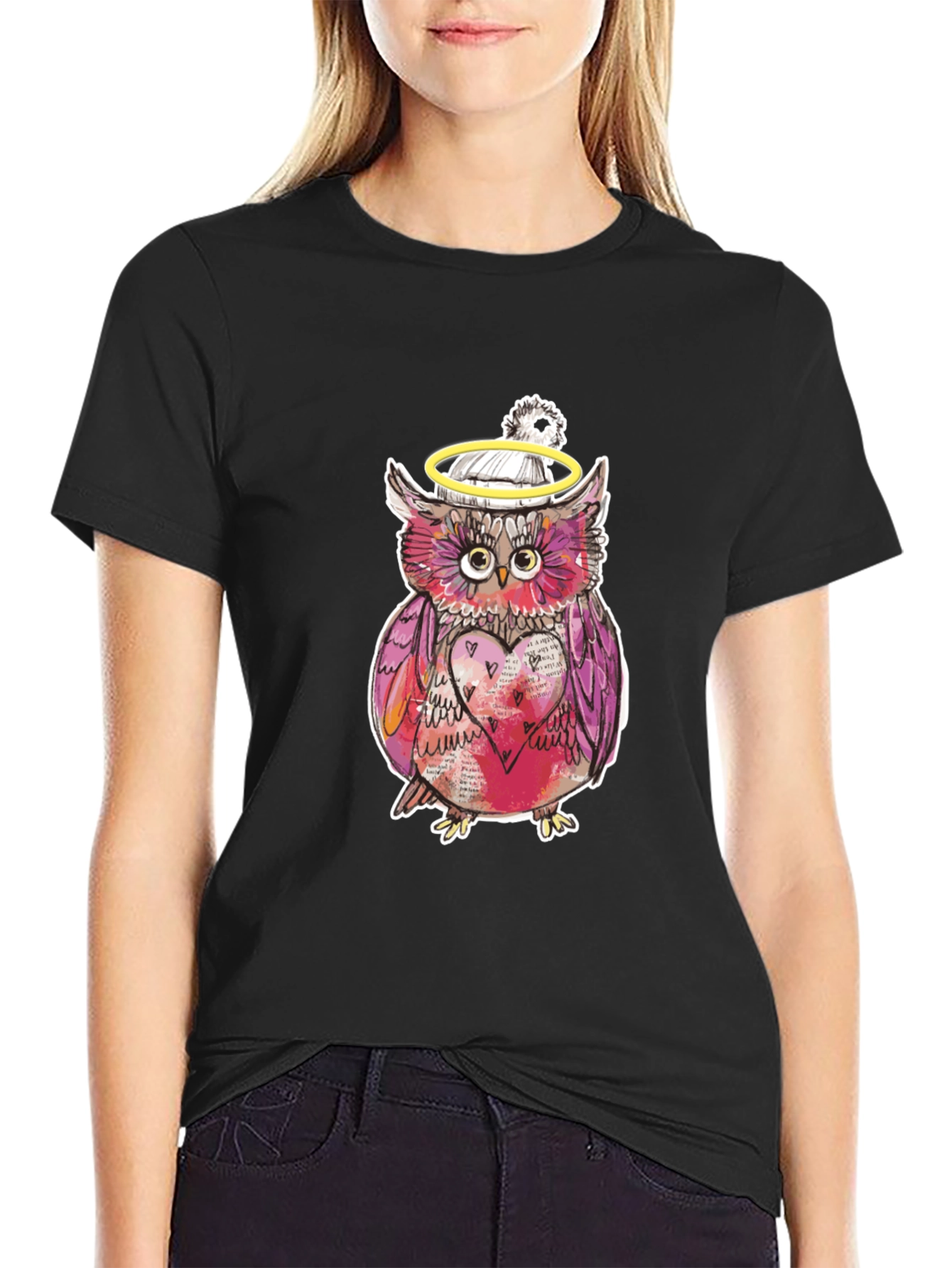 Black Whimsical Owl Graphic Tee - Unique Design view 2